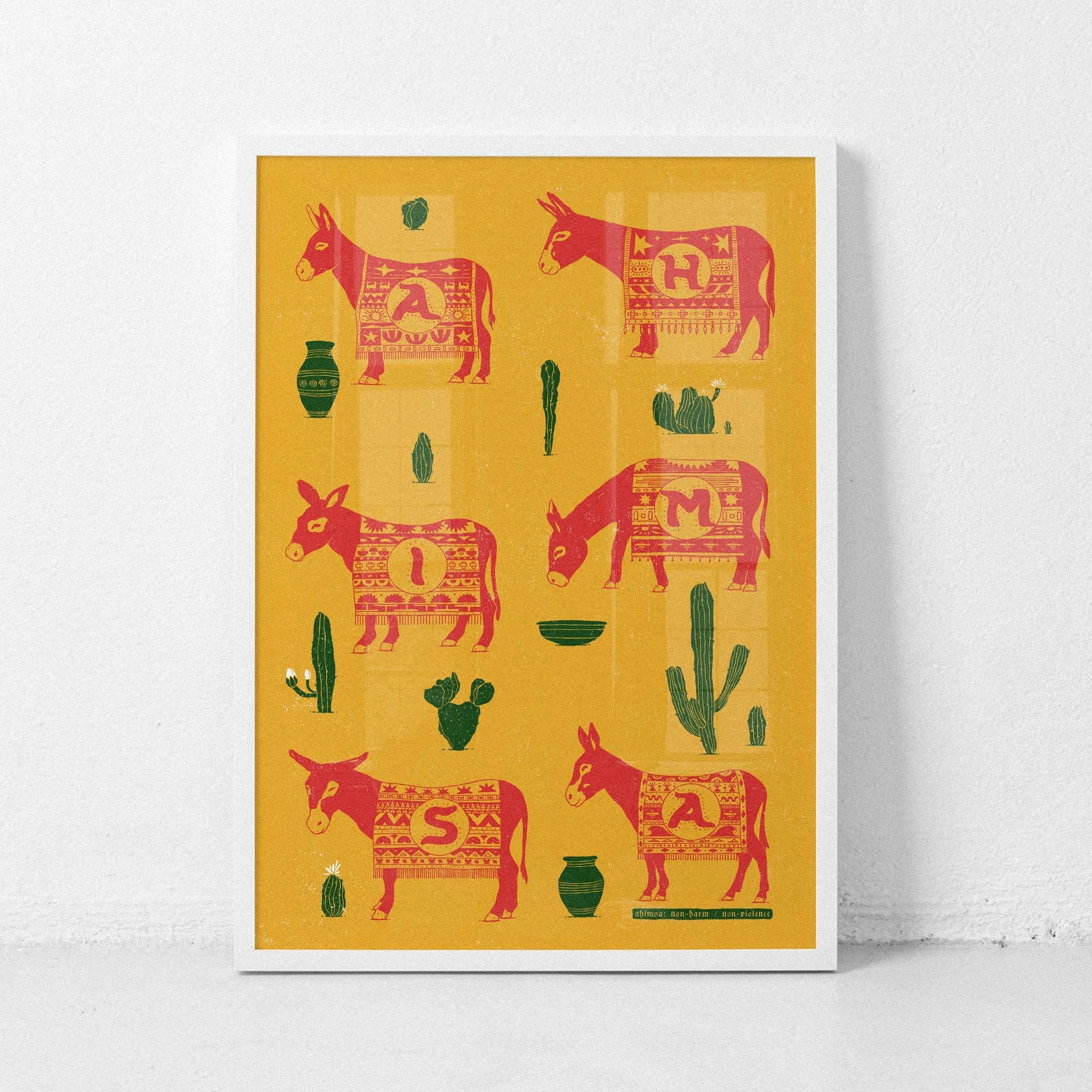 Ahimsa Donkeys and Cacti Yellow Variant - Large Format Print  Ahimsa means non-violence, non-harm in Sanskrit  www.etsy.com/shop/harmonyamplifier  yogastartshere.art