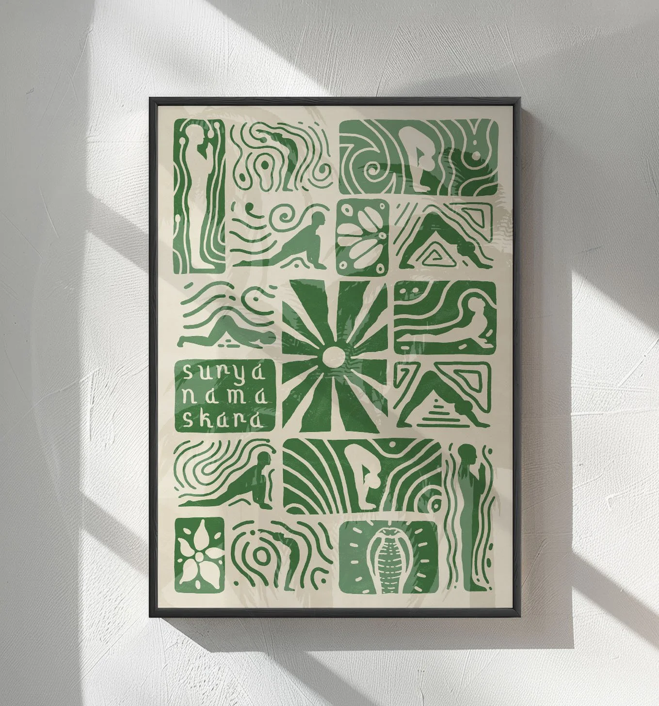 Surya Namaskara. Sun Salutation. Green variant. Large format print. Yoga poster. Boho print. Yoga studio decor