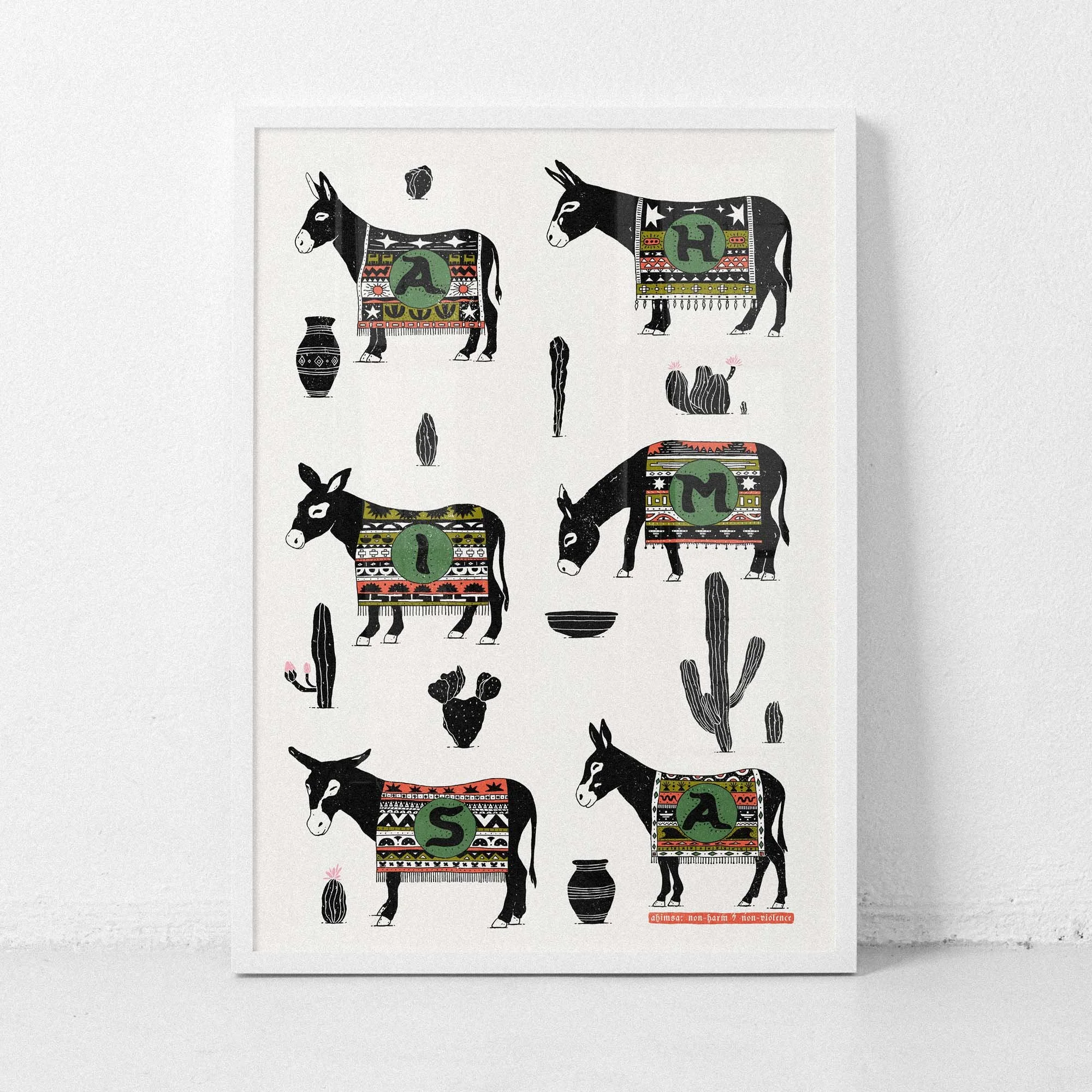 Ahimsa Donkeys and Cacti Yellow Variant - Large Format Print  Ahimsa means non-violence, non-harm in Sanskrit  www.etsy.com/shop/harmonyamplifier  yogastartshere.art