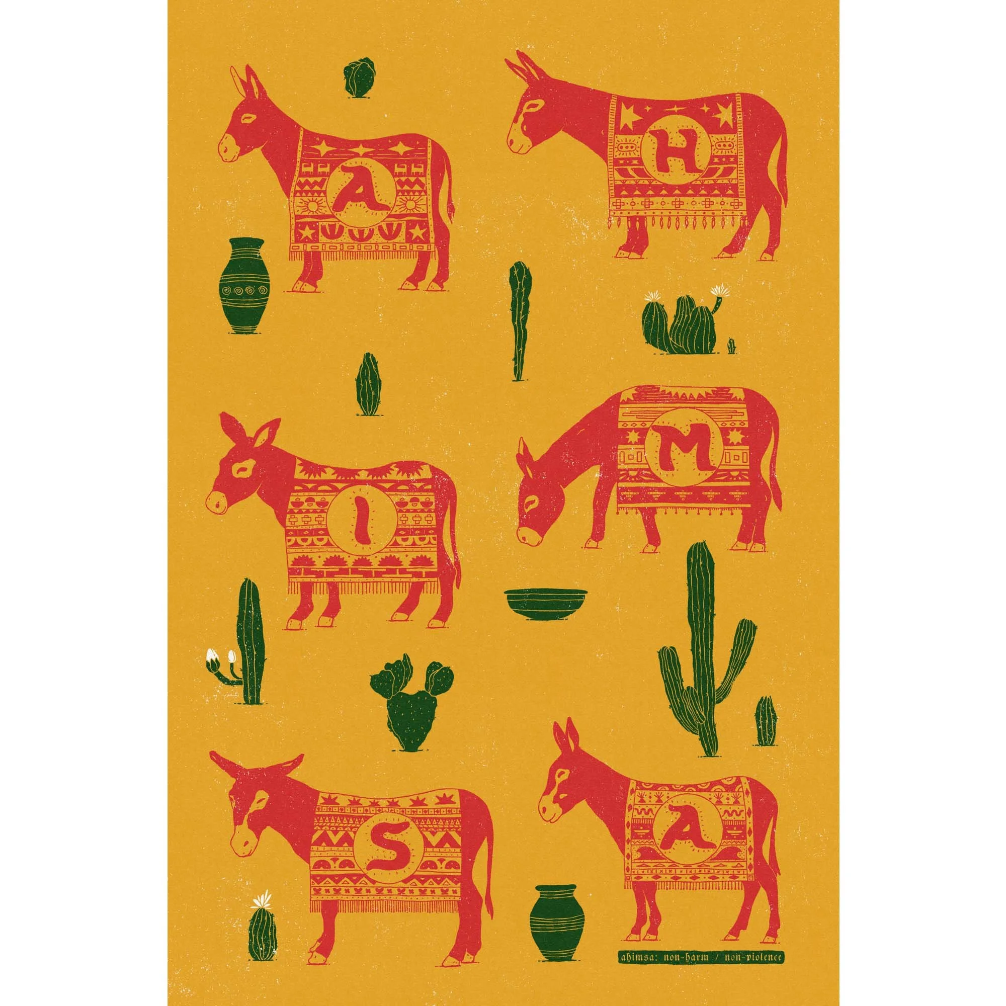 Ahimsa Donkeys and Cacti Yellow Variant - Large Format Print  Ahimsa means non-violence, non-harm in Sanskrit  www.etsy.com/shop/harmonyamplifier  yogastartshere.art