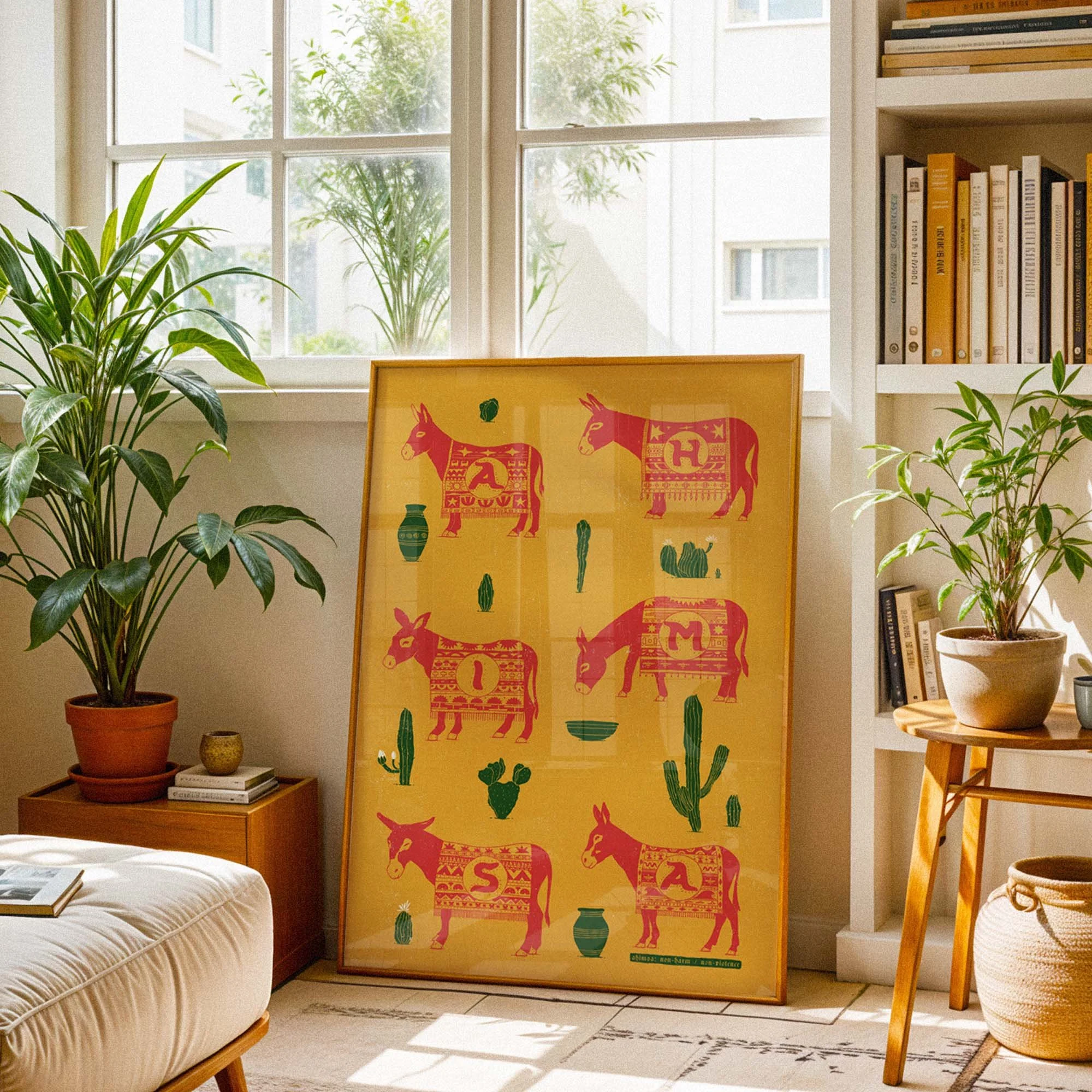 Ahimsa Donkeys and Cacti Yellow Variant - Large Format Print  Ahimsa means non-violence, non-harm in Sanskrit  www.etsy.com/shop/harmonyamplifier  yogastartshere.art