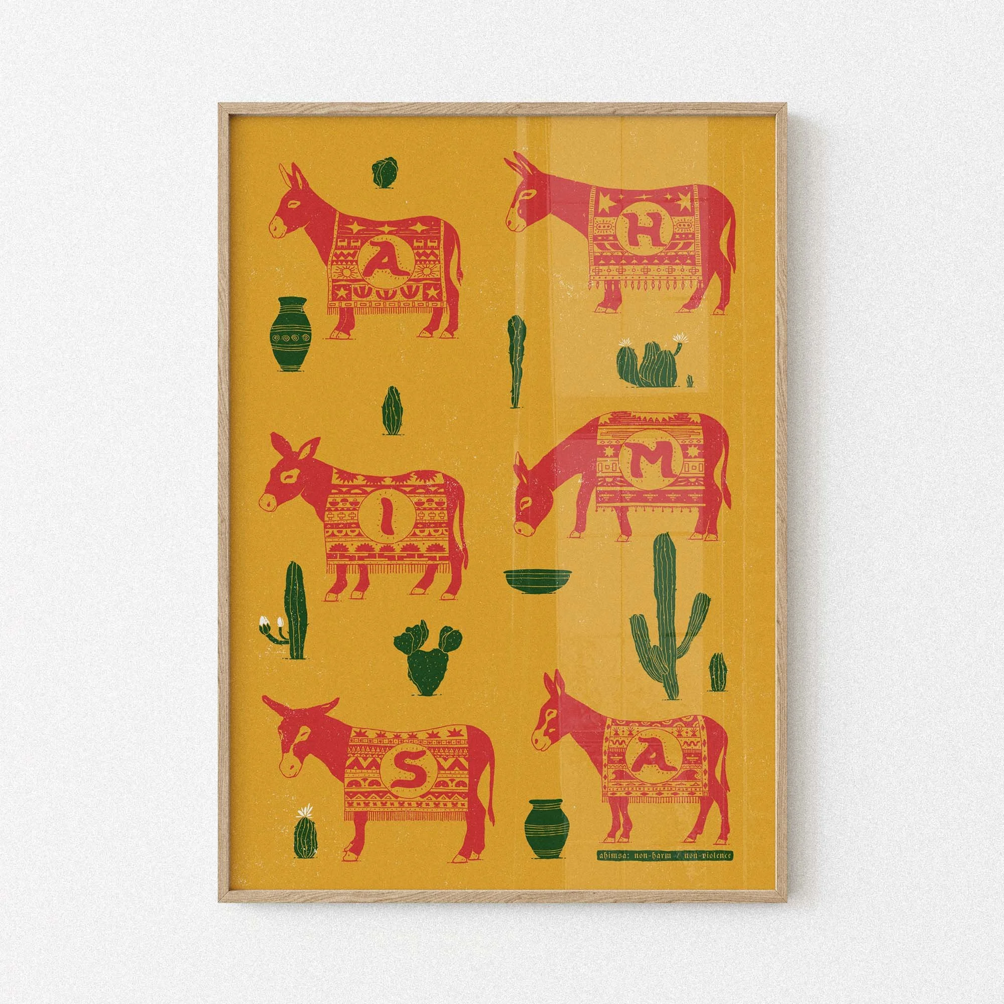 Ahimsa Donkeys and Cacti Yellow Variant - Large Format Print  Ahimsa means non-violence, non-harm in Sanskrit  www.etsy.com/shop/harmonyamplifier  yogastartshere.art