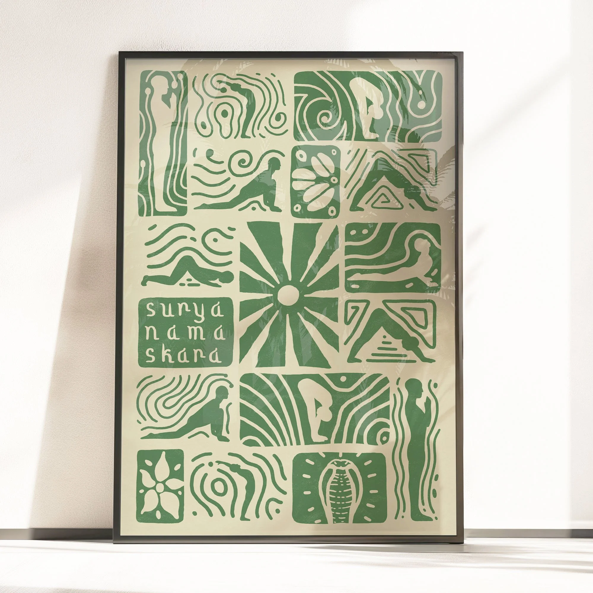 Surya Namaskara. Sun Salutation. Green variant. Large format print. Yoga poster. Boho print. Yoga studio decor