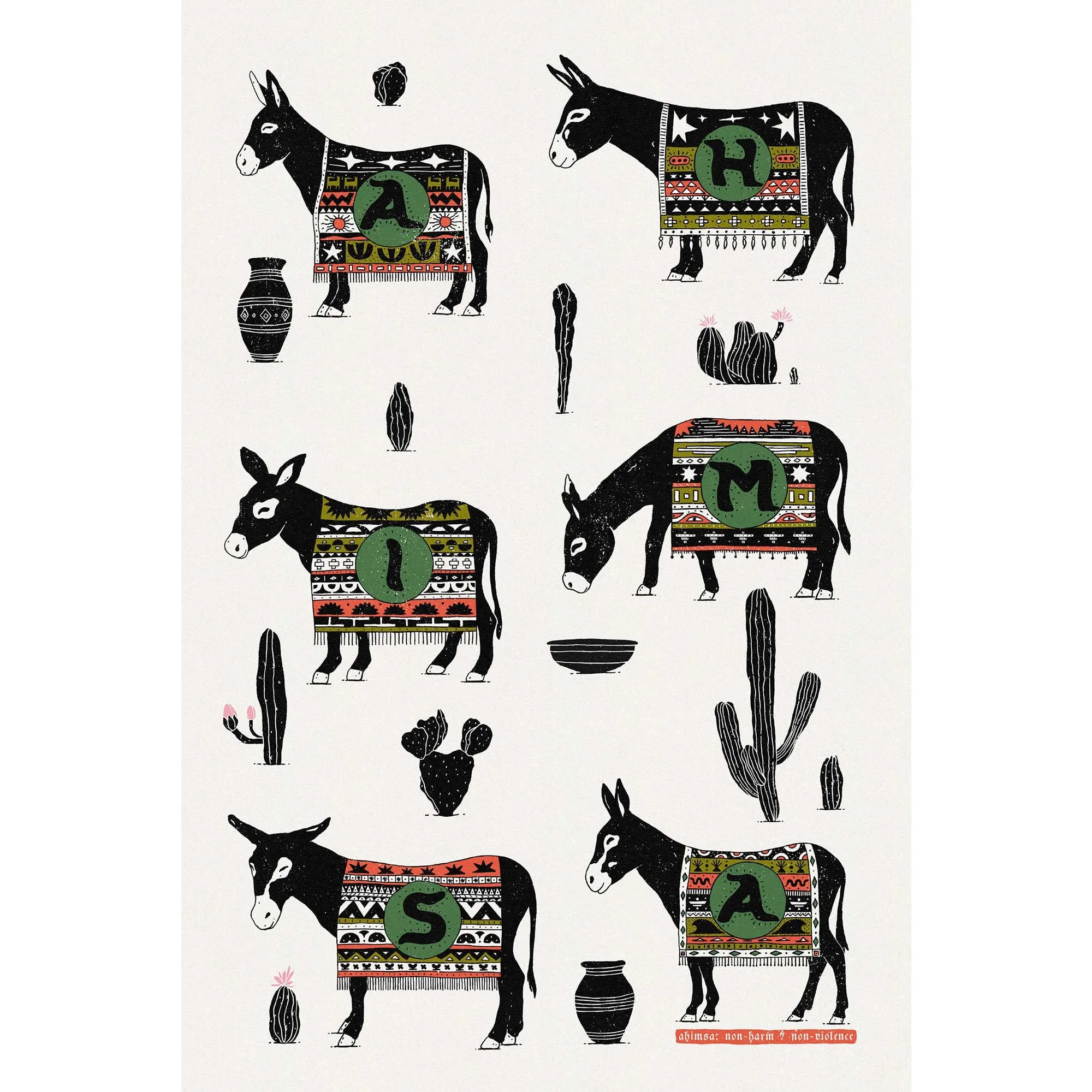 Ahimsa Donkeys and Cacti Yellow Variant - Large Format Print  Ahimsa means non-violence, non-harm in Sanskrit  www.etsy.com/shop/harmonyamplifier  yogastartshere.art