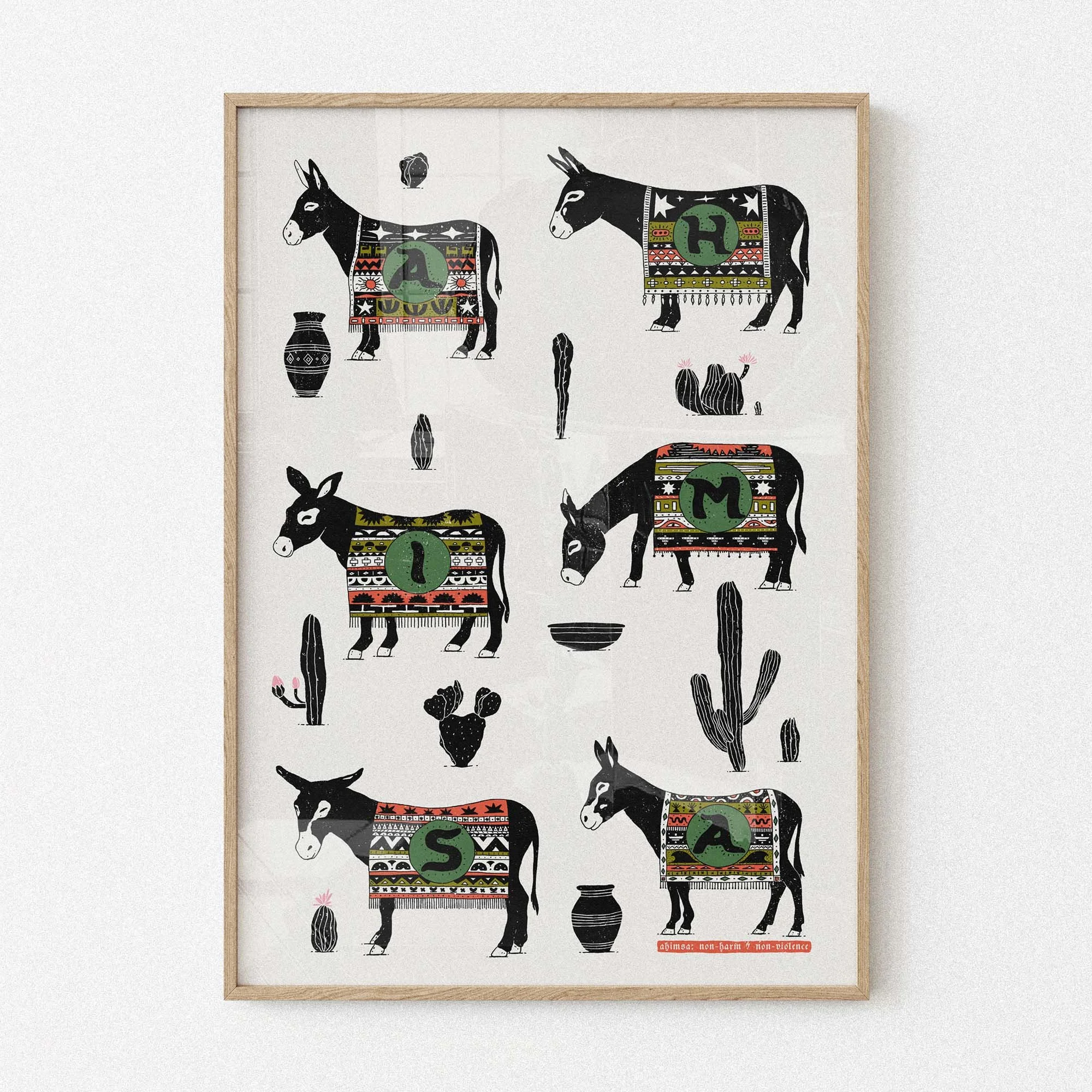 Ahimsa Donkeys and Cacti Yellow Variant - Large Format Print  Ahimsa means non-violence, non-harm in Sanskrit  www.etsy.com/shop/harmonyamplifier  yogastartshere.art