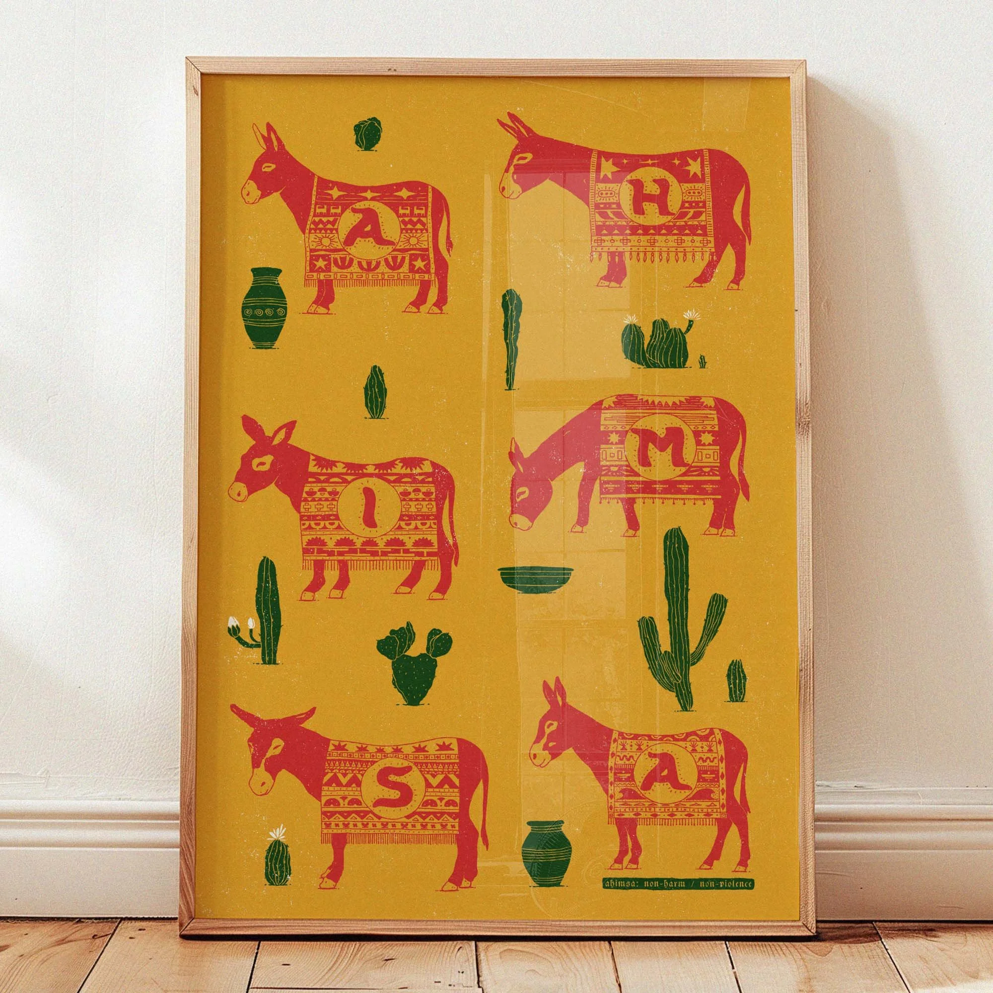 Ahimsa Donkeys and Cacti Yellow Variant - Large Format Print  Ahimsa means non-violence, non-harm in Sanskrit  www.etsy.com/shop/harmonyamplifier  yogastartshere.art