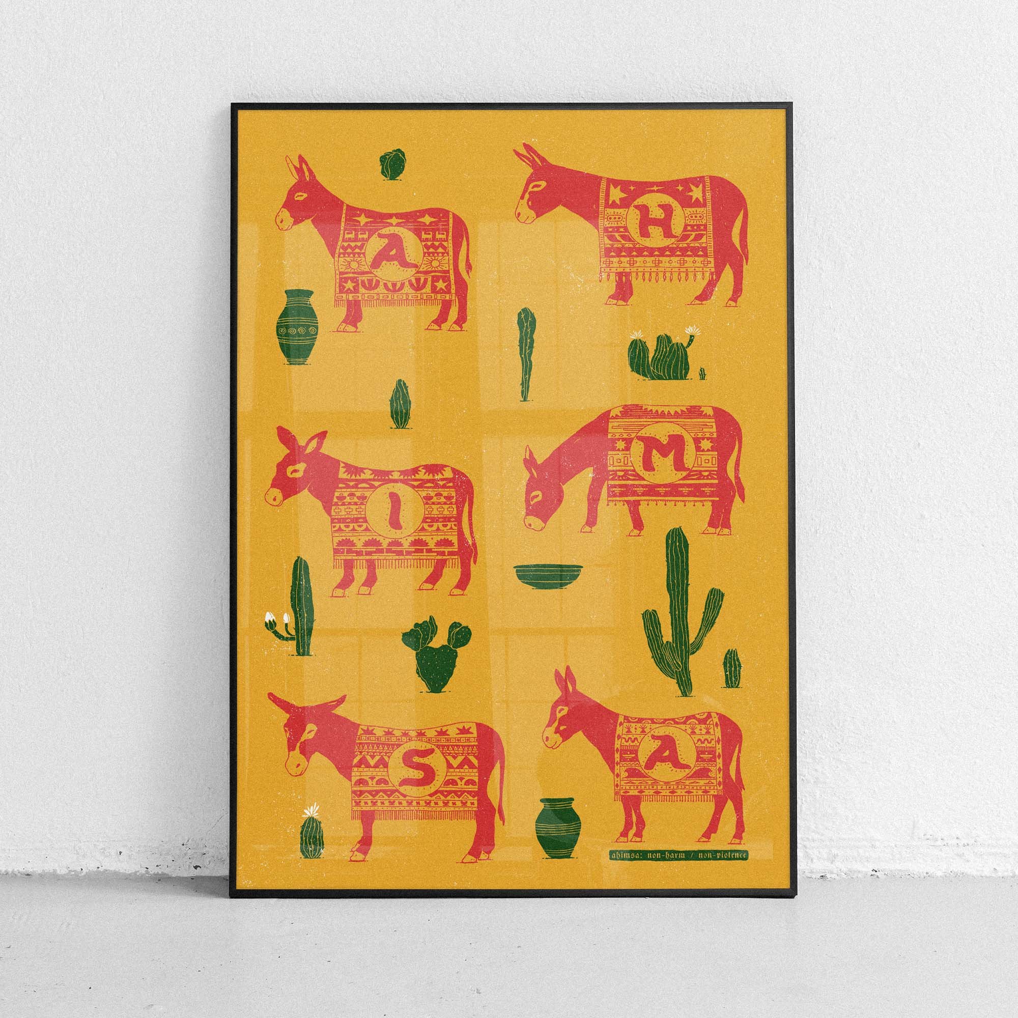 Ahimsa Donkeys and Cacti Yellow Variant - Large Format Print  Ahimsa means non-violence, non-harm in Sanskrit  www.etsy.com/shop/harmonyamplifier  yogastartshere.art