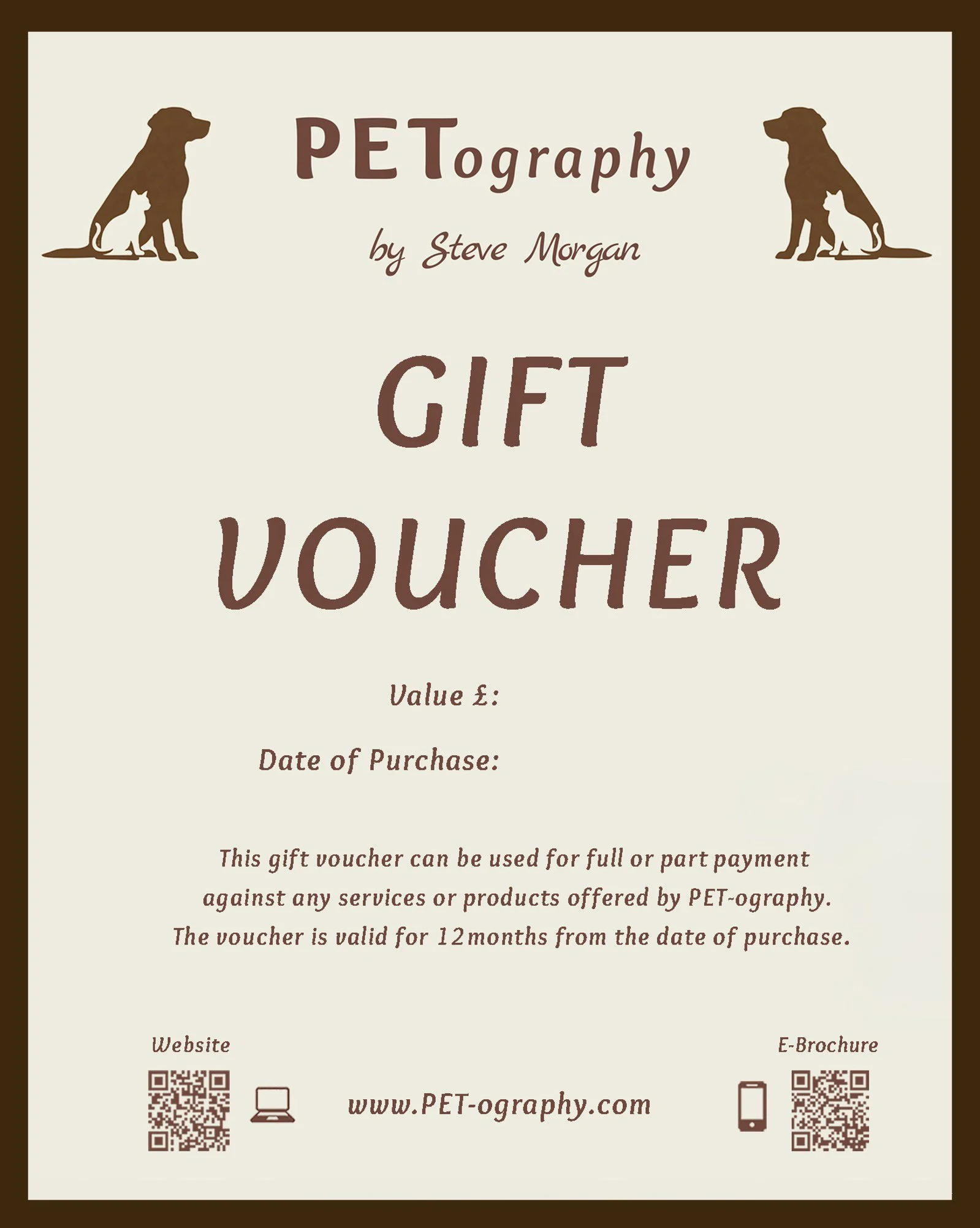 Gift voucher for PETography with images of a dog and a cat, including QR codes, website, and e-brochure icons.