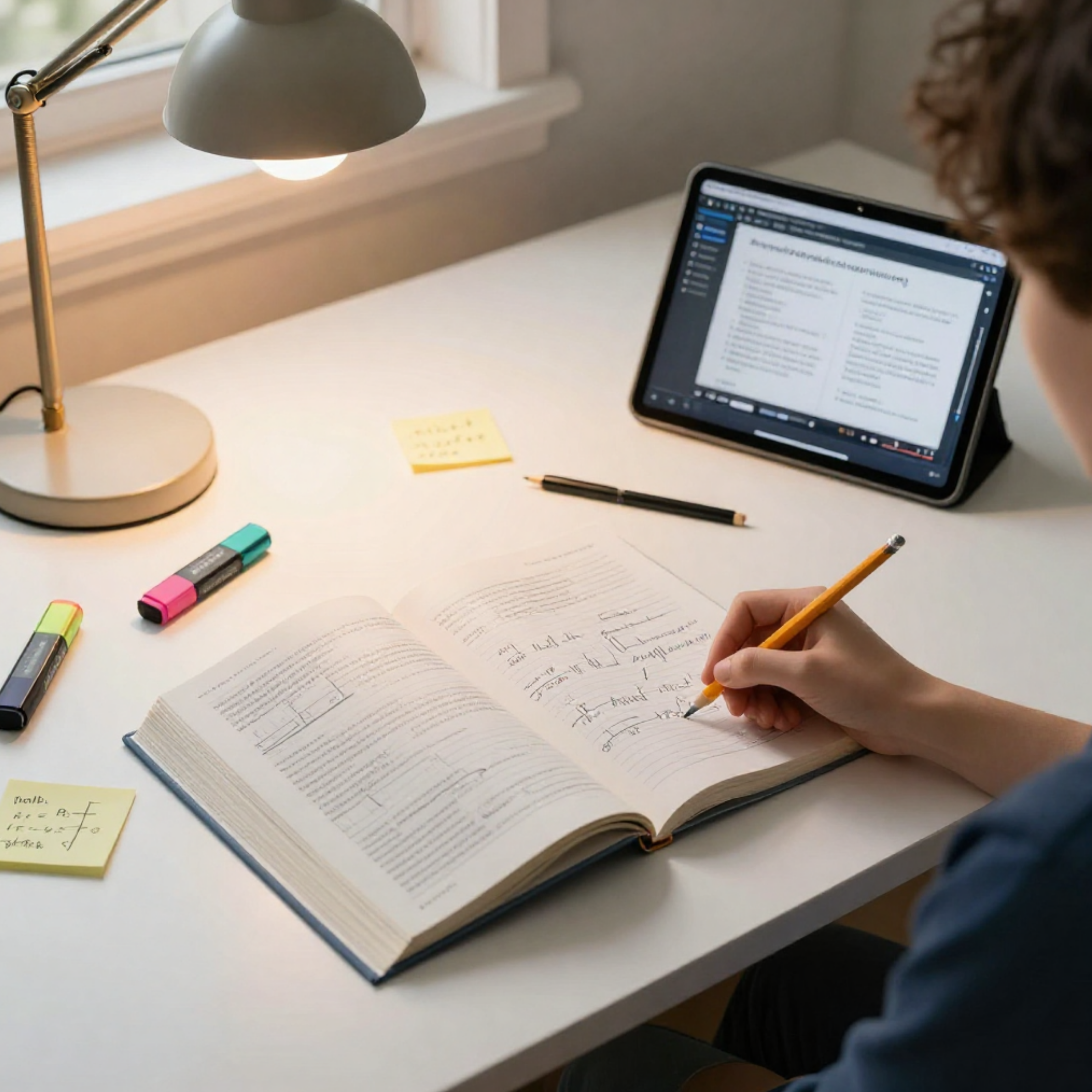 Person taking notes on paper with highlighters and pen, working on laptop in well-lit room.