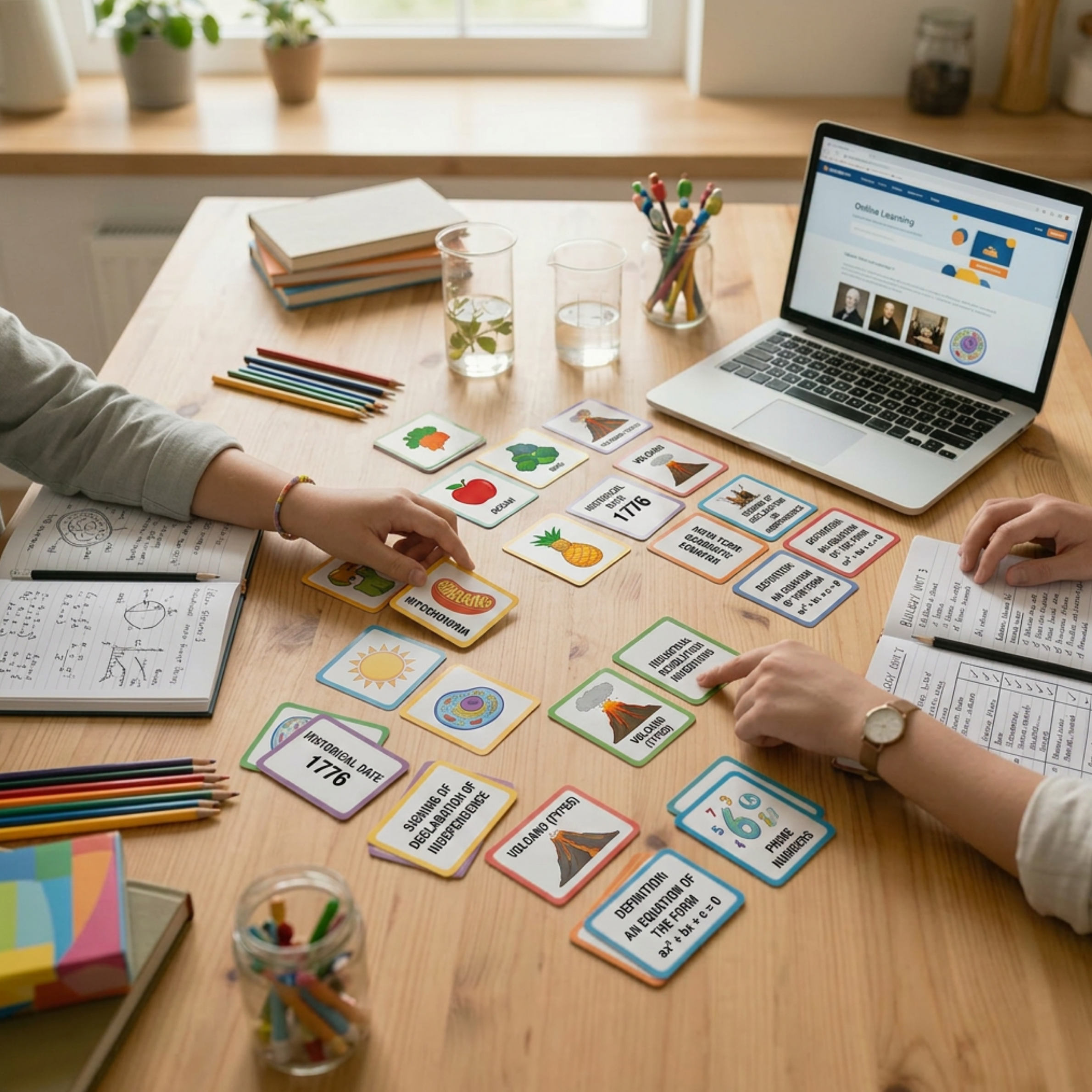 A workspace with educational materials including colorful flashcards about fruits, vegetables, weather, and numbers, a stack of notebooks, two glasses of water, and a laptop displaying an online learning website, set on a wooden table near a window with potted plants.