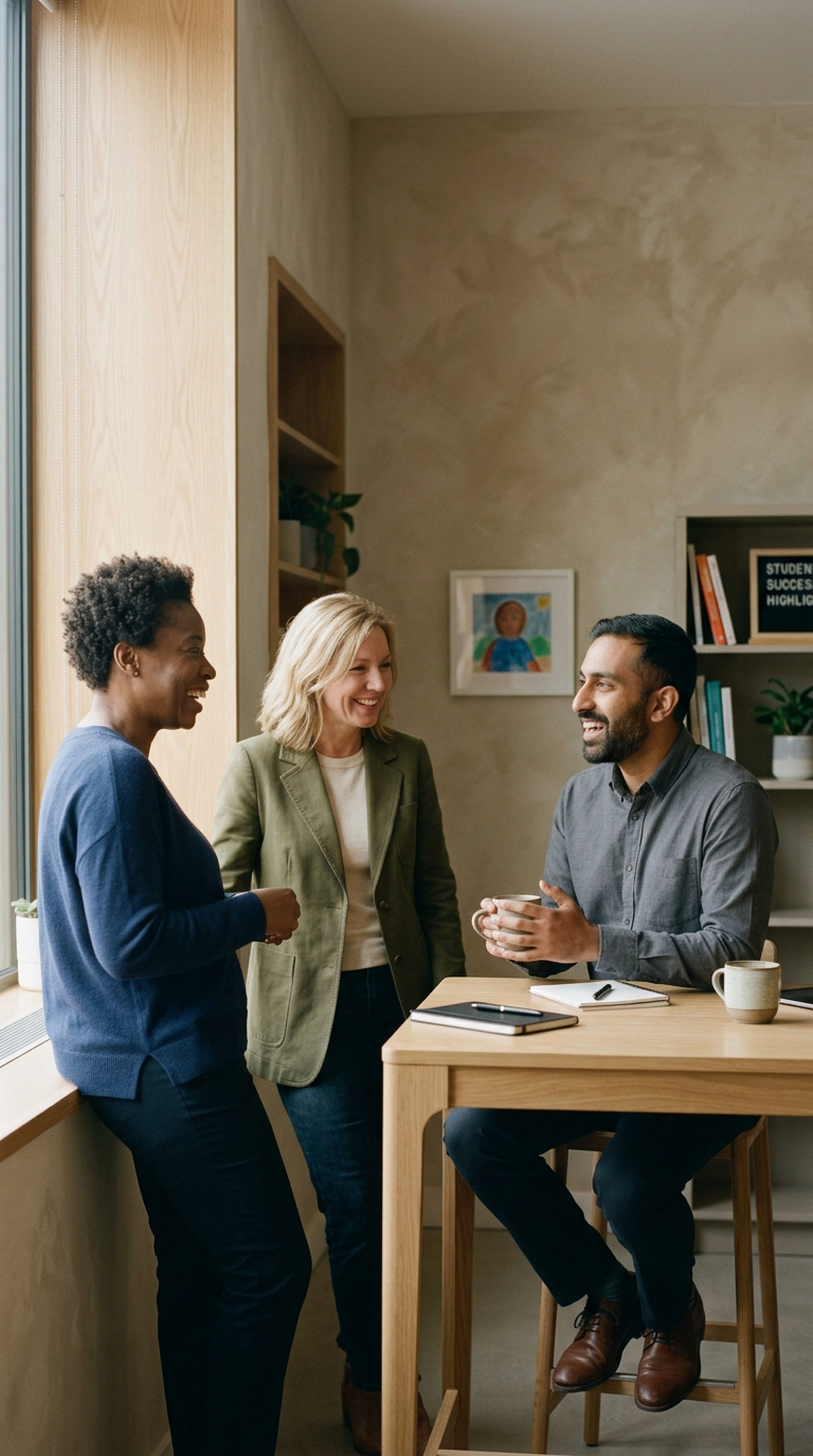Three people having a conversation in a bright, cozy office space. One person is sitting at a table holding a mug, while the other two are standing and smiling. There are bookshelves, framed artwork, and a window in the background.