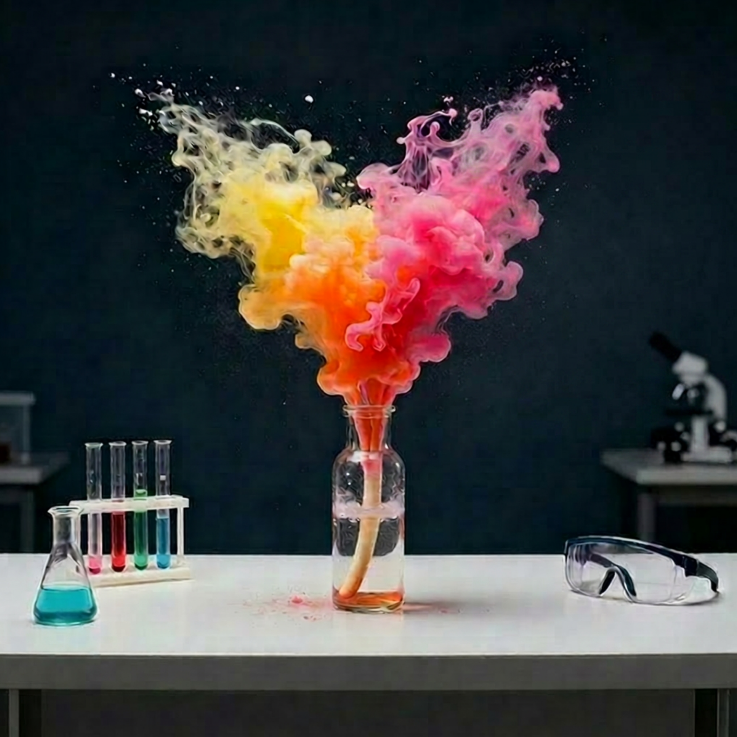 Colorful chemicals mixing and creating vibrant smoke in laboratory glassware, including beakers and test tubes.
