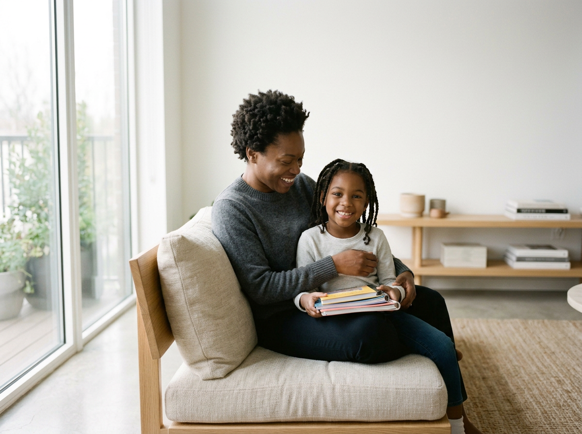 A woman and young girl sitting on a beige sofa in a bright room, smiling and looking at a colorful book or folder together.