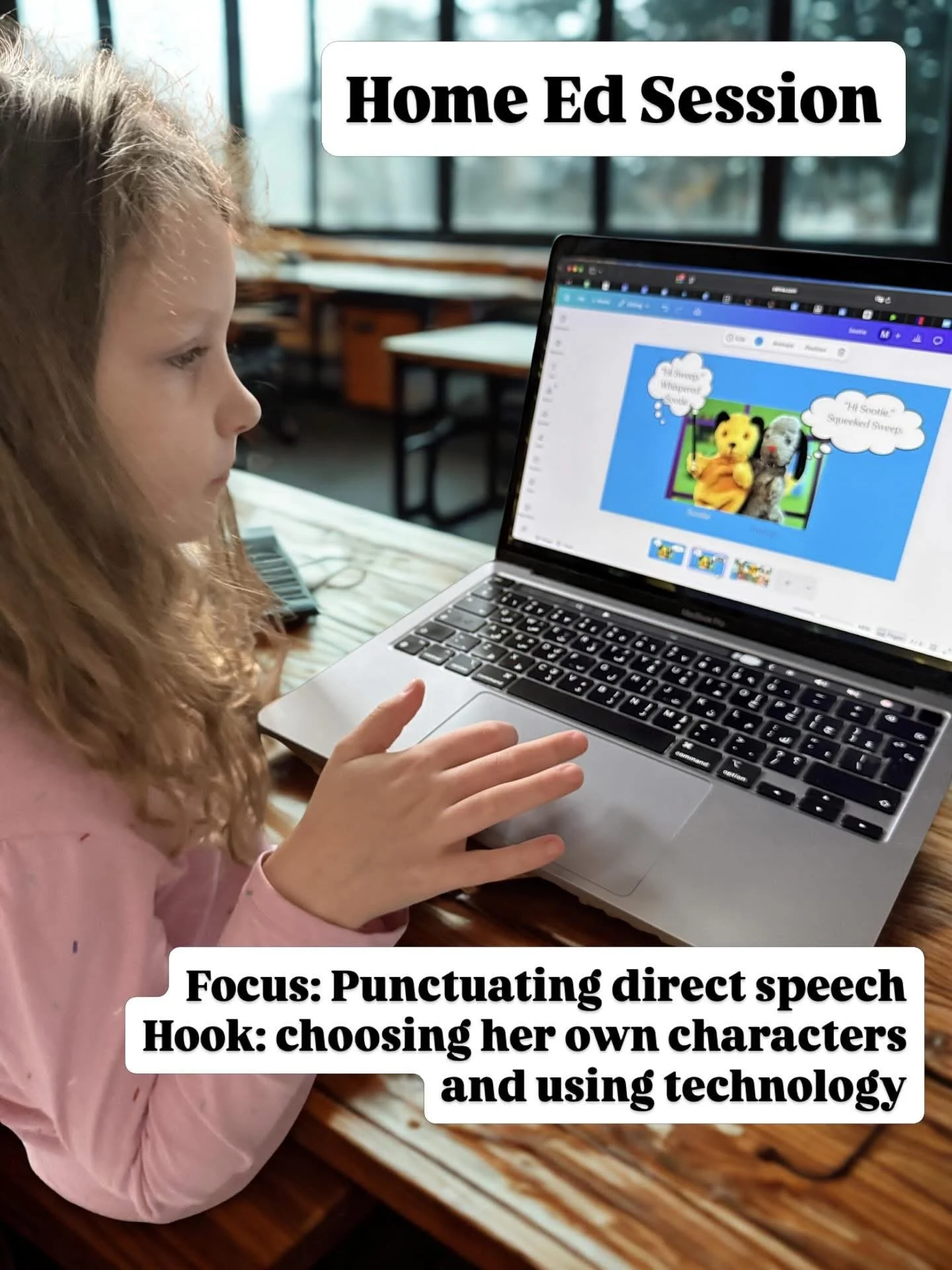 A young girl with curly red hair focused on her laptop screen during a Home Ed session, working on a project about punctuating direct speech, with a classroom background.