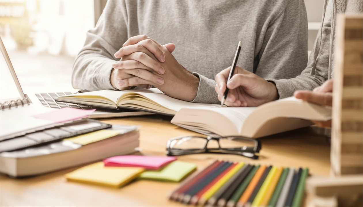Two people studying at a desk with books, notebooks, sticky notes, and colored pencils.