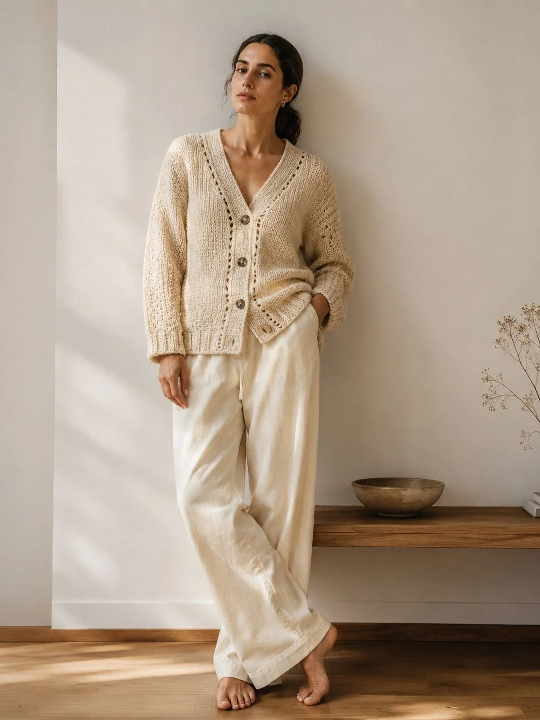 Krem el örgüsü kadın hırkası Dudus Handmade