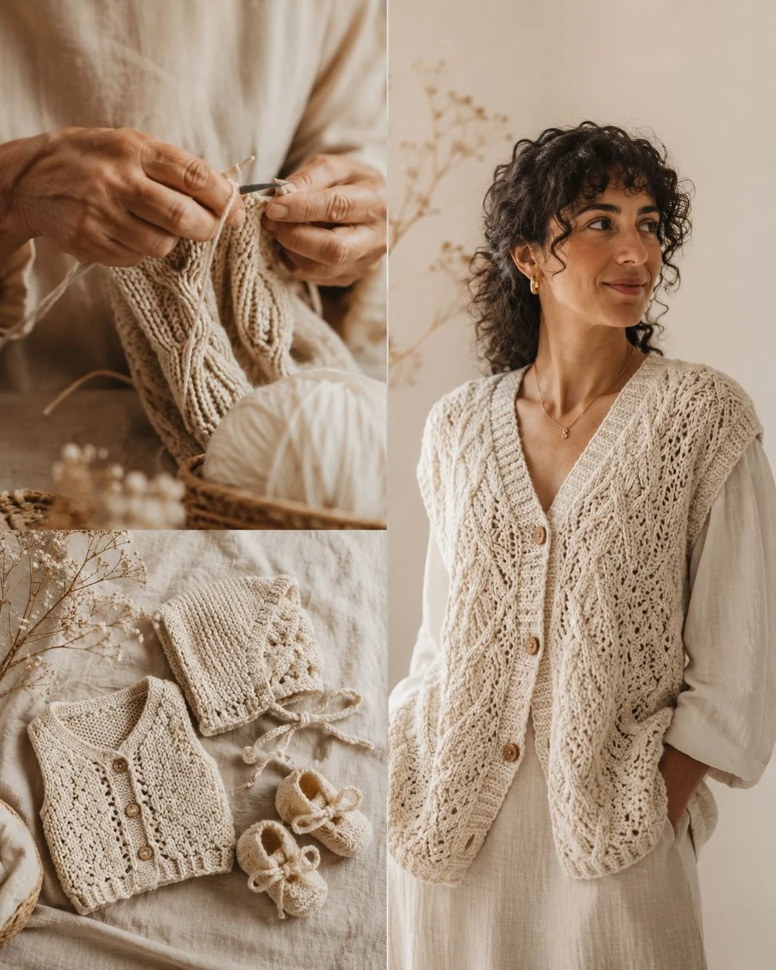 Krem el örgüsü kadın yeleği, bebek yeleği, örgü üretim detayı ve giyen model Dudus Handmade