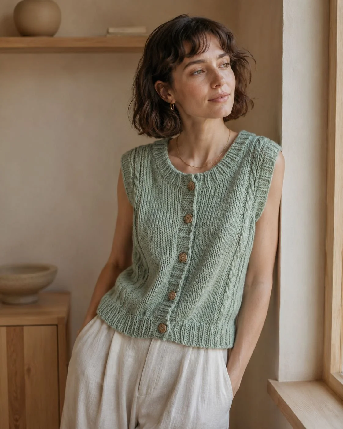 Mint yeşili el örgüsü kadın yeleği dudus handmade