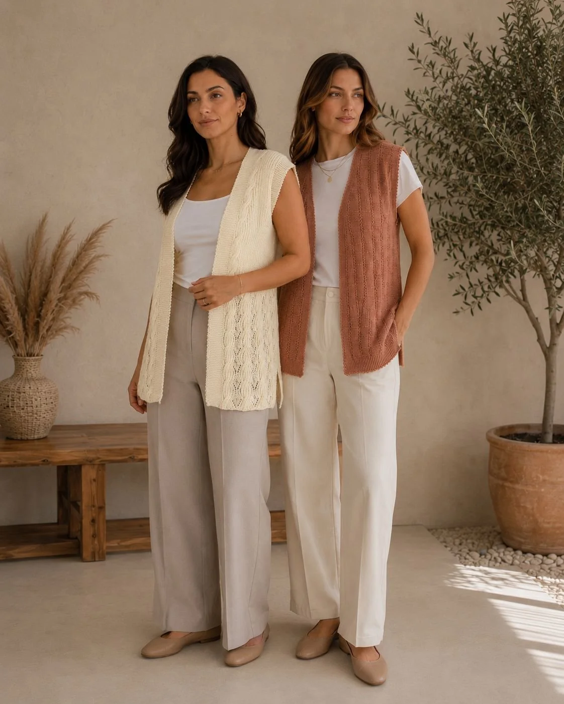 Krem ve Terrakota el örgüsü kadın yelekleri duduş handmade