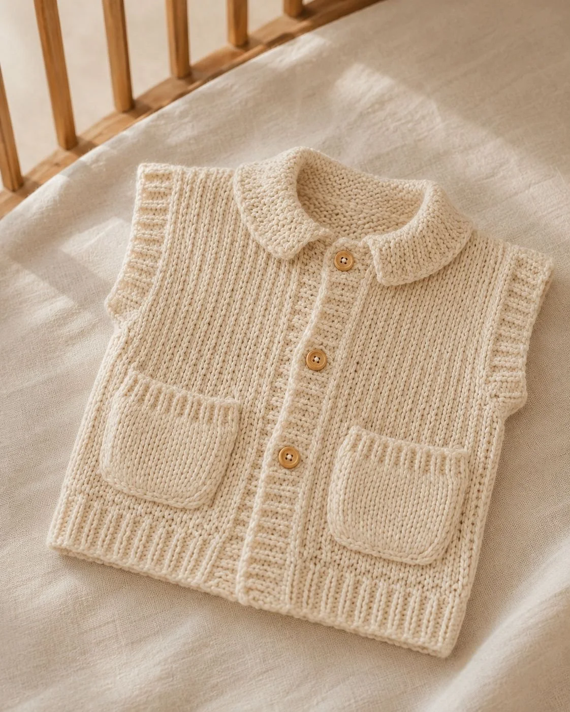 Krem el örgüsü bebek yeleği Dudus Handmade