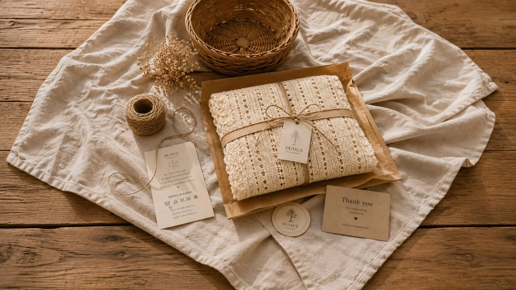 Duduş Handmade paketleme, bakım kartı ve teşekkür kartı detayı