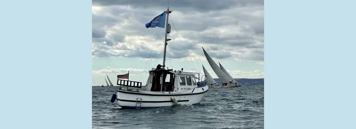The BHYC Committee Boat 'Sir Pellinore' standing watch at Bembridge Ledge for the annual Round The Island Race.