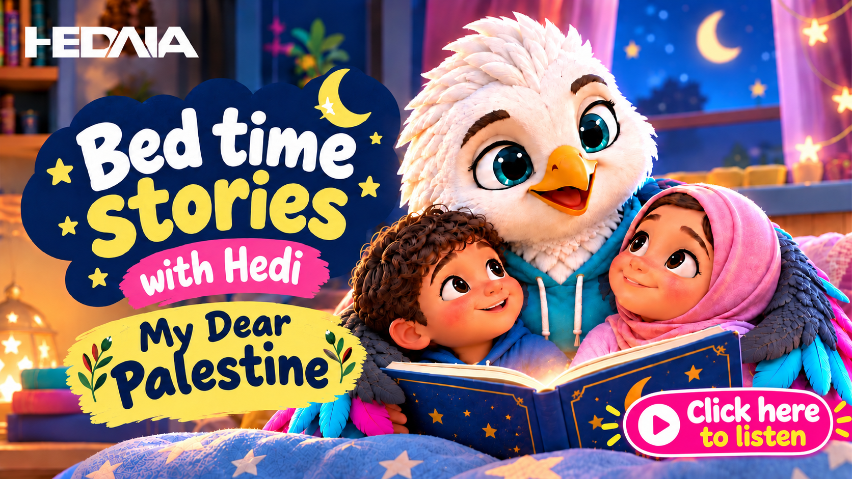 oin Hedi, your best friend, for a gentle bedtime journey to Palestine, a story about love, courage, hope and trusting Allah during difficult times.

Through a calm and soothing story, Hedi helps us learn about the beautiful land of Palestine and the 