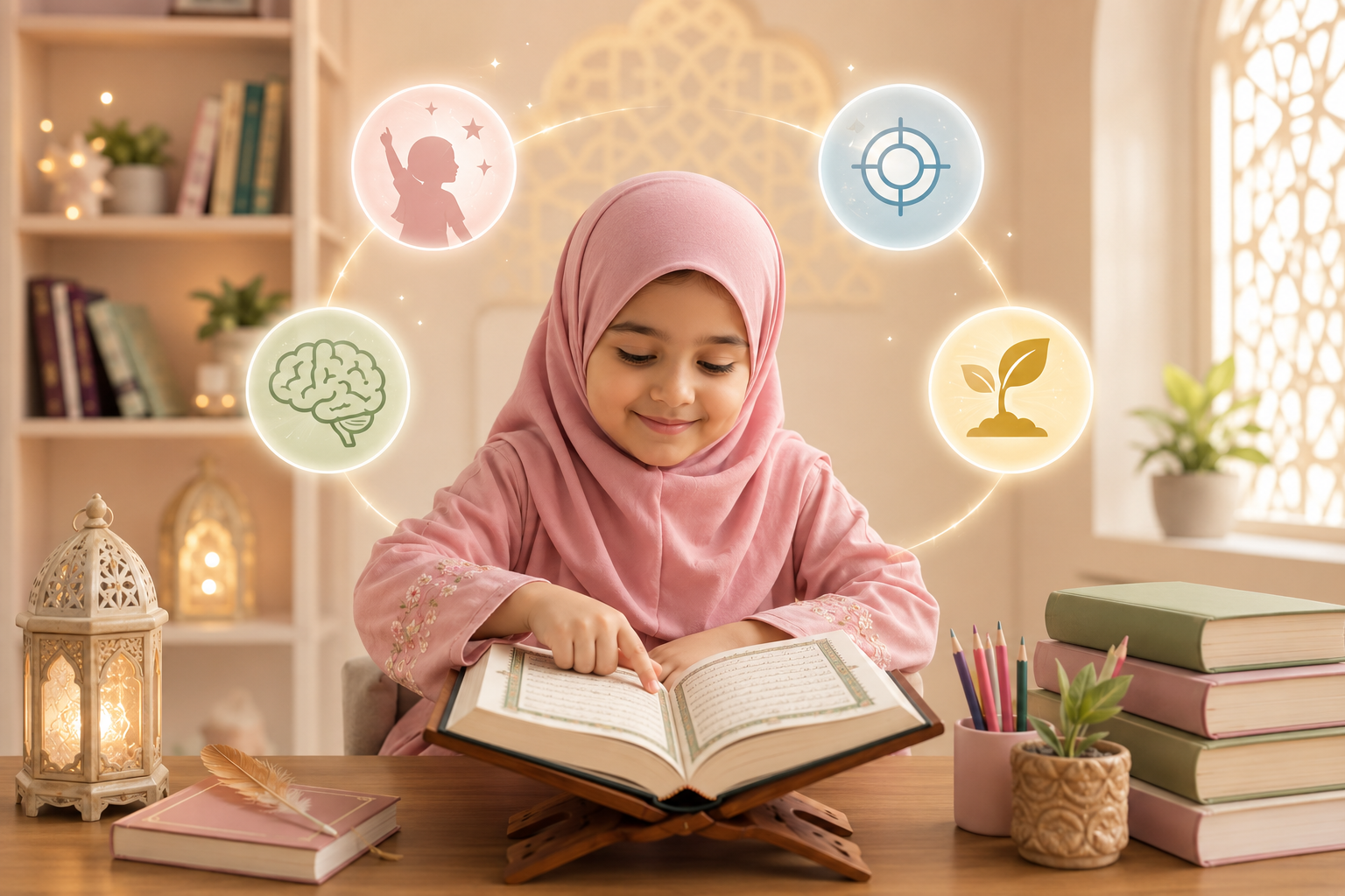 Young girl wearing a pink hijab reading a book at a wooden table with colorful pencils, stacked books, and a lantern, with icons related to learning and growth floating above her.