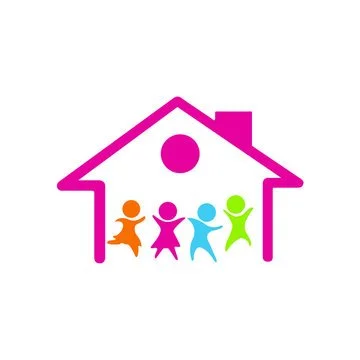 Four colorful figures of children holding hands under a pink house outline with a window and chimney.