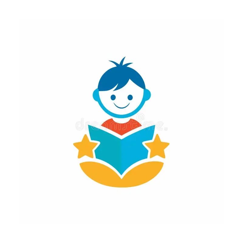 A cartoon illustration of a smiling boy with blue hair, reading a blue book, with two yellow stars and a yellow semi-circle beneath him.
