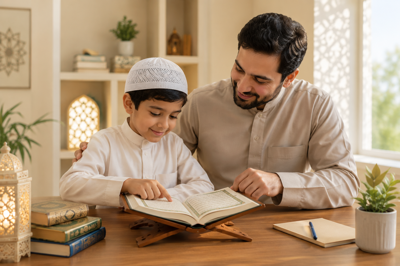 A father and son reading the Quran together at a wooden table in a well-lit room.