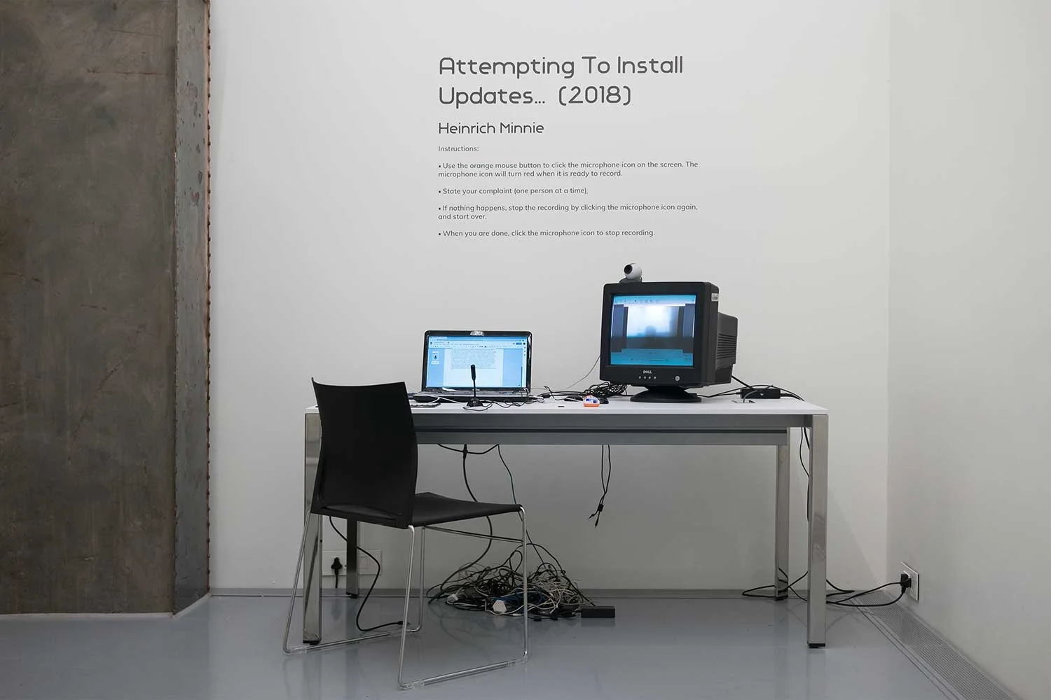Attempting To Install Updates (2018) uses easily accessible online voice-recognition software to capture complaints of staff and visitors at the Zeitz MOCAA. The Main Complaint, Curated by Michaela Limberis, Zeitz MOCAAs
