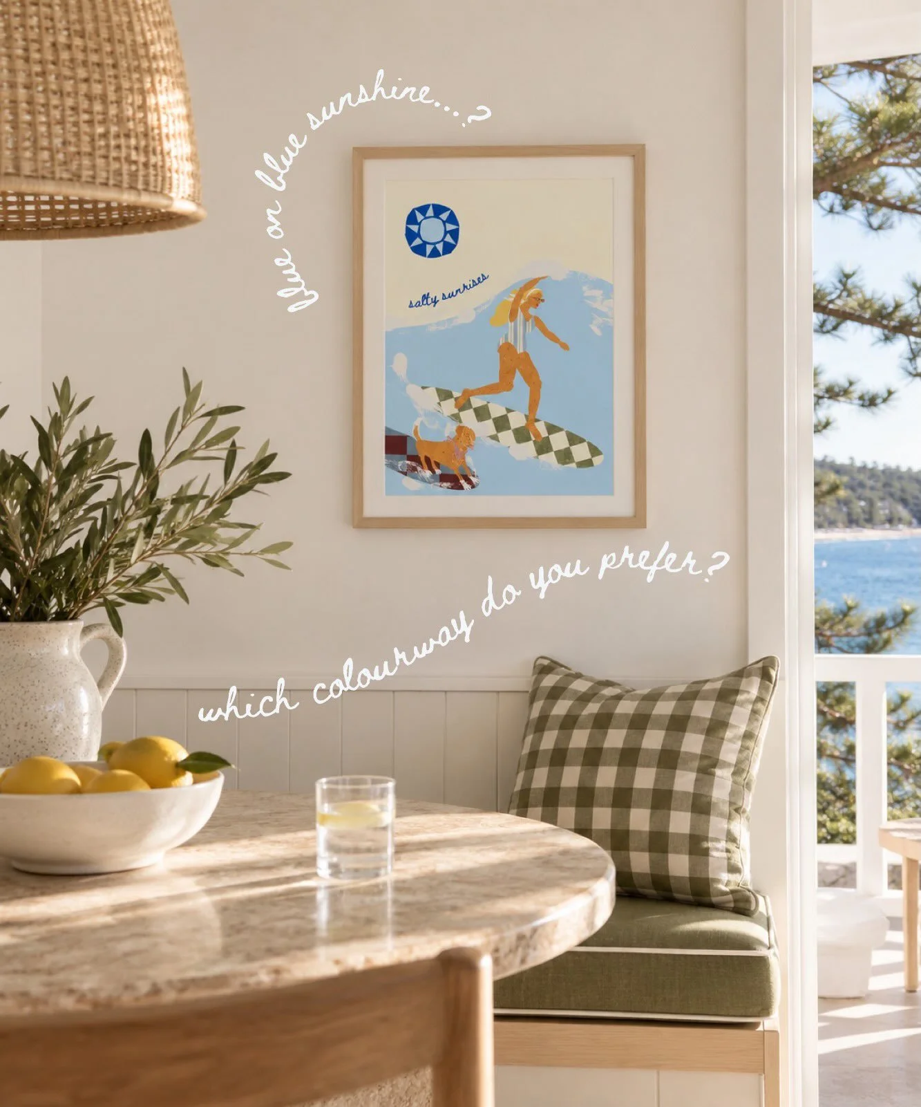 NEW PRINT! Inspired by some very Aussie beach scenes 🏄&zwj;♀️ Tell me which option you prefer and the winner will go live on my site for sale! Working on new colour palettes for HBG to fit into homes more smoothly so your feedback matters 😘 Even th