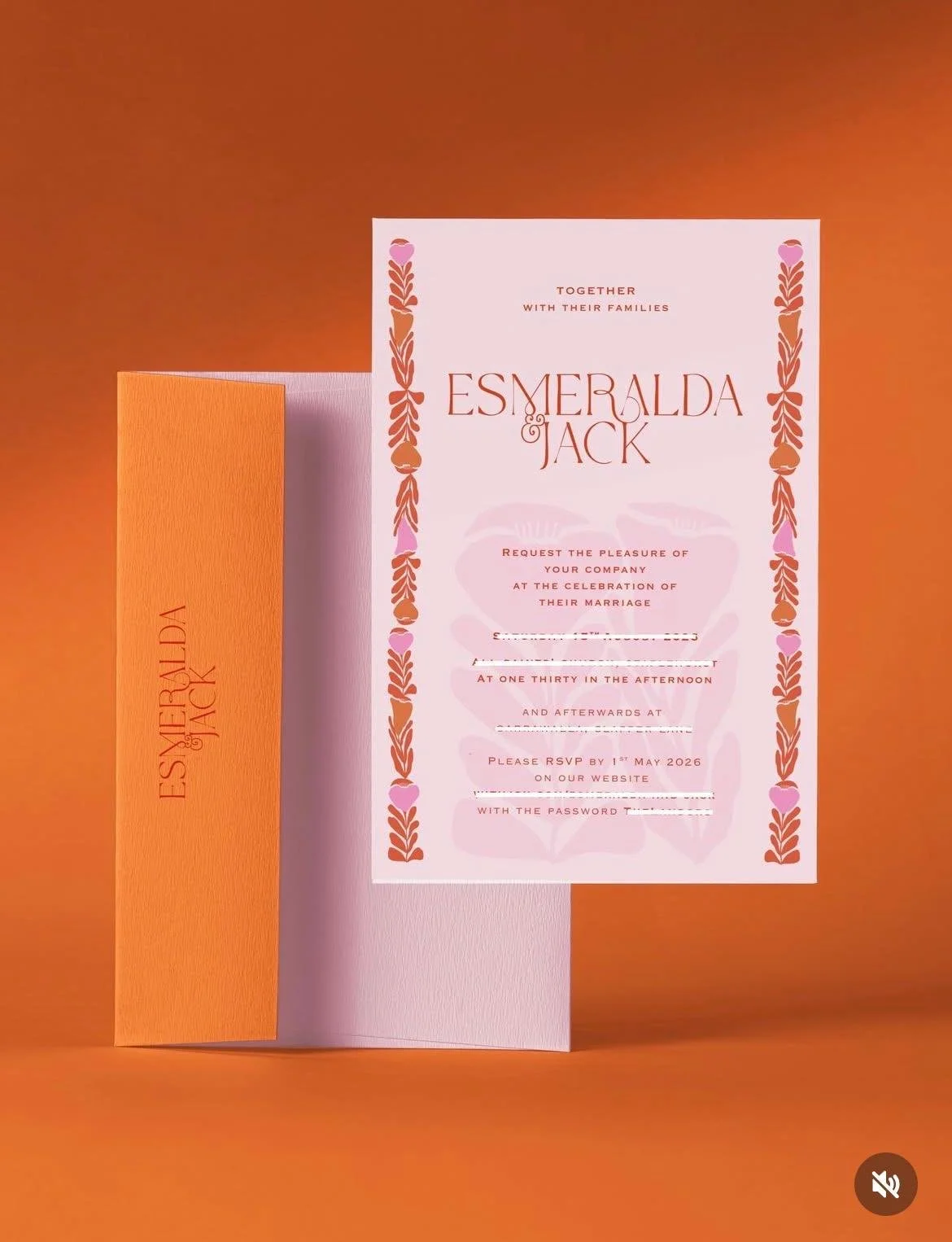 Wedding invitation card with floral border design, pink background, and orange envelope labeled "ESMERALDA & JACK" in orange text.