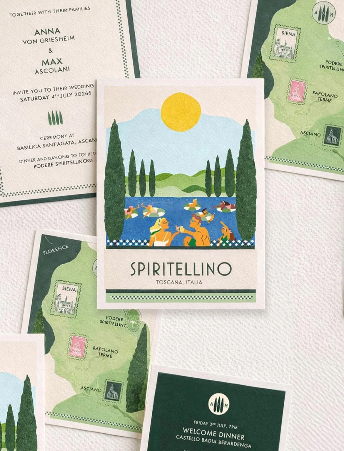 Tourist brochures and postcards about SpiTellino, a location in Tuscany, Italy, featuring illustrations of a lake, tall cypress trees, people boating and relaxing, and a bright sun.