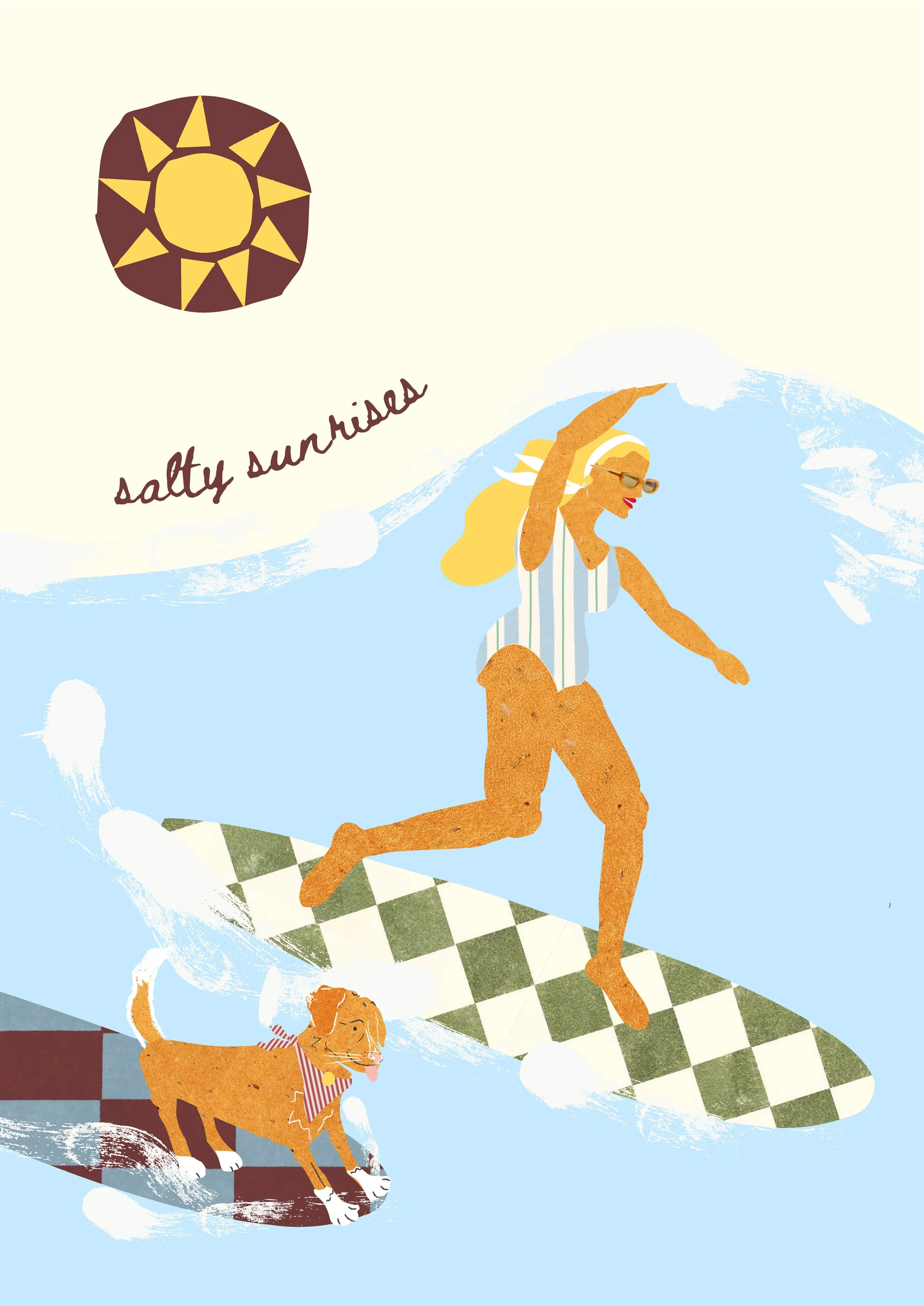 Illustration of a woman with blonde hair wearing sunglasses, a striped swimsuit, and a white headscarf, running on a checkered ramp with a small orange cat following behind. In the background, there is a large sun and the words "salty sunrise" written in cursive.