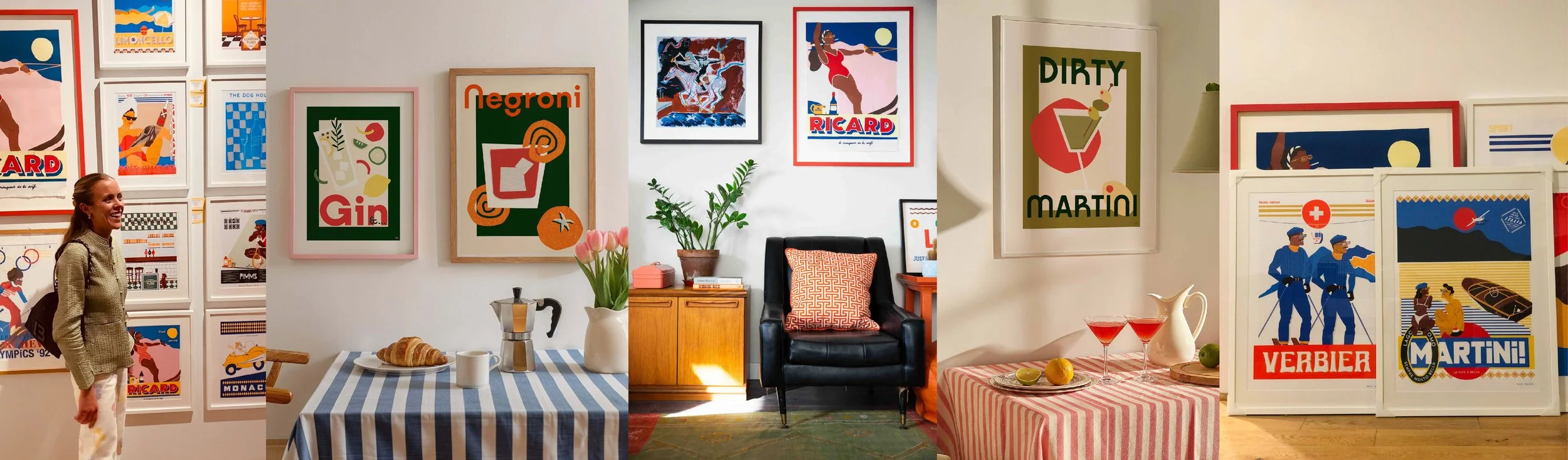 Woman smiling in front of colorful modern art posters in an art gallery or room.