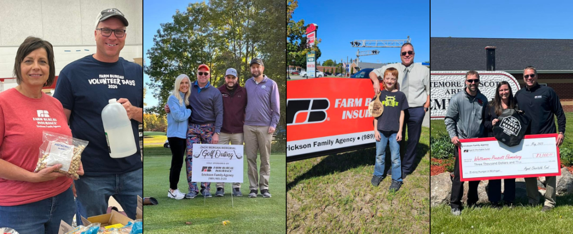 Group of people participating in community events, including a golf outing, and a charity donation presentation, outdoors and indoors.