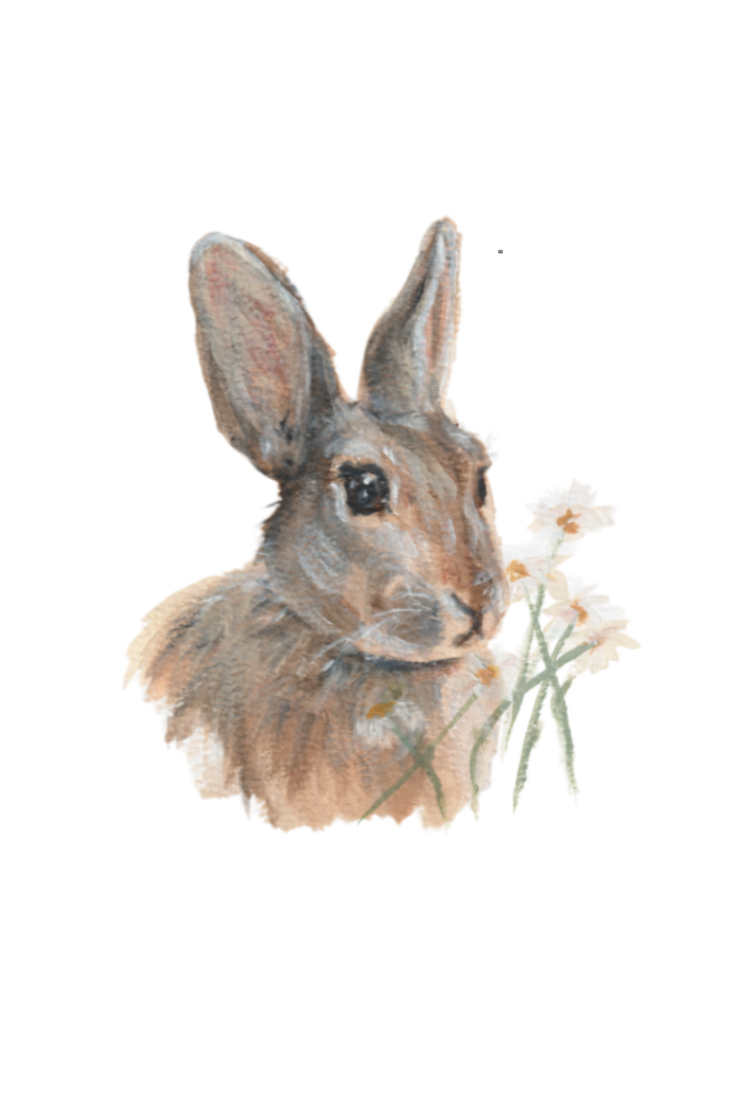 Morning Visitor, a rabbit painted with acrylic wash on watercolor paper, with delicate flowers.