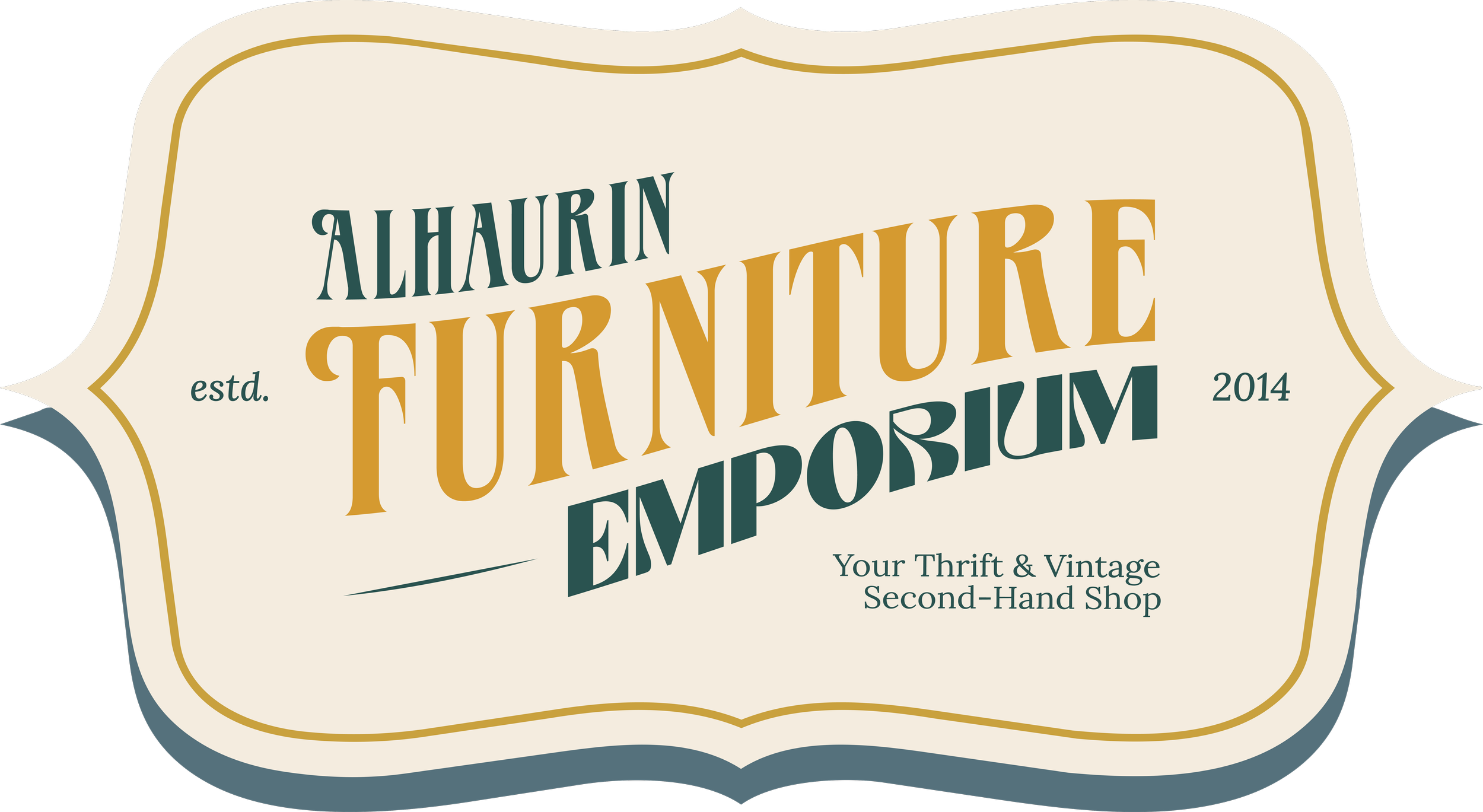Etiqueta con estilo vintage que dice "Alhaurín Funture Emporium, establecida en 2014, tu tienda de segunda mano y de época".