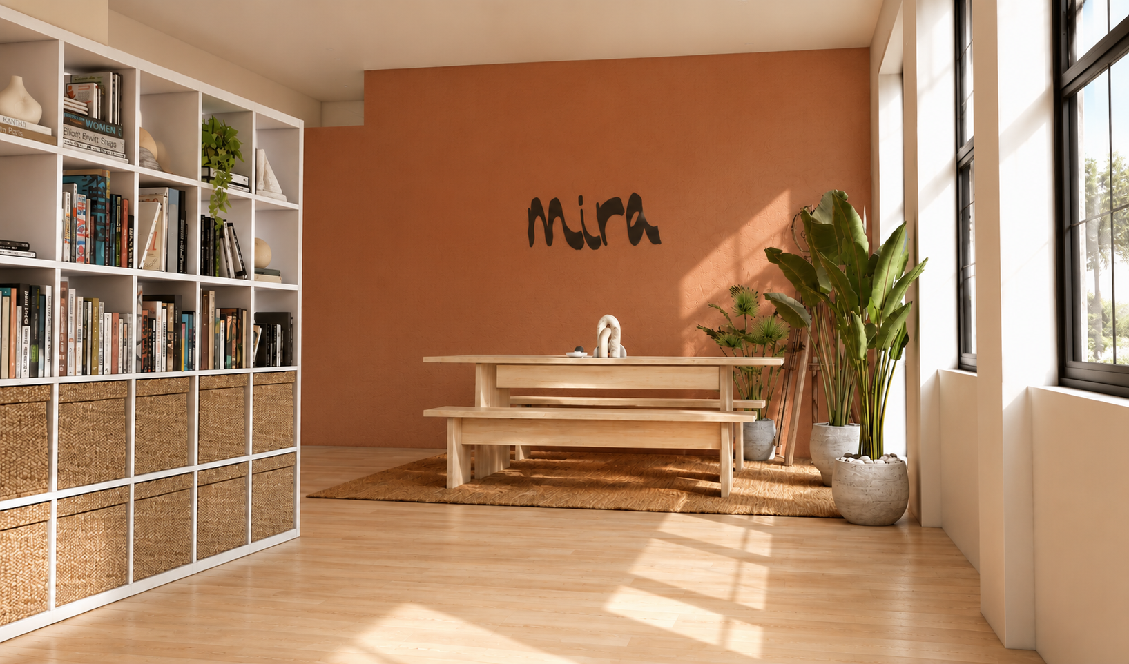 Bright room with a white bookshelf filled with books and decorative objects on the left, a wooden dining table with benches in the center, potted plants to the right, and a large window on the right side. The wall behind has the word 'mira' written on it.