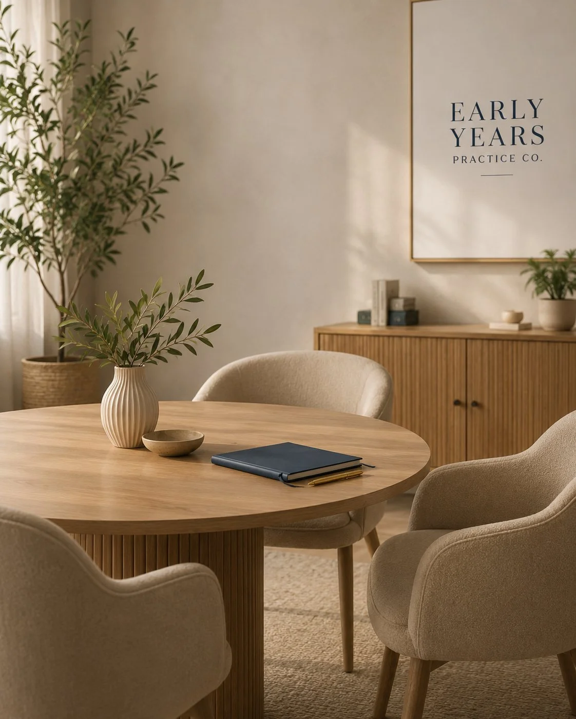 A cozy, well-decorated conference room with a round wooden table, beige upholstered chairs, a small vase with green foliage, a closed notebook, and a pen. In the background, there's a wooden sideboard with books and plants, and a large framed sign on the wall reading 'Early Years Practice Co.'