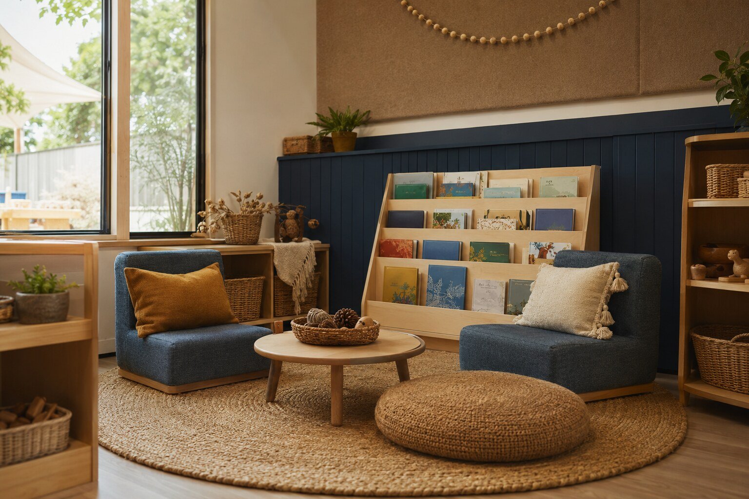 Cozy room with two blue chairs, a round woven rug, a small wooden table with a basket of yarn, and wooden shelves with plants and decorations. There are books or cards on a stand, a window with greenery outside, and warm lighting.