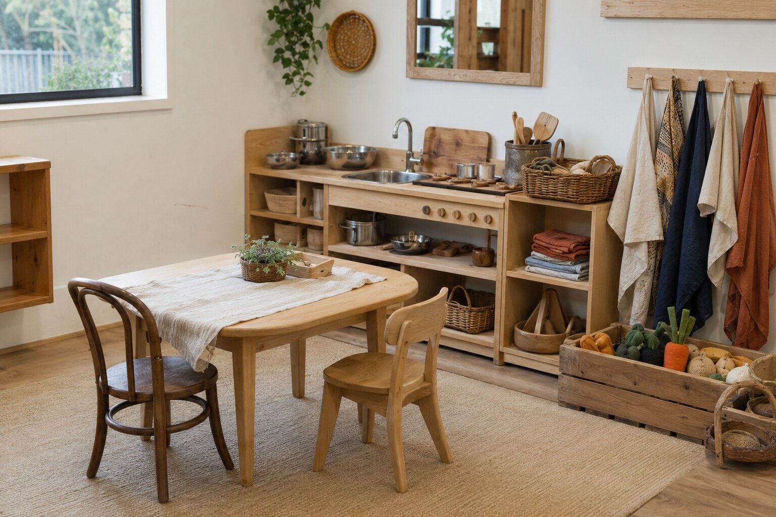 A cozy kitchen nook with a wooden dining table and chairs, a small sink, open shelving, cloth towels, and baskets filled with vegetables, all in a natural and minimalist style.