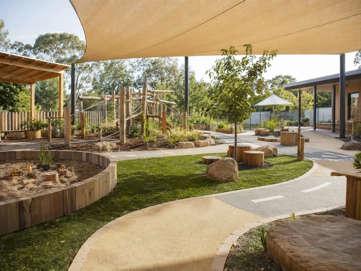 Outdoor children’s play area with a focus on nature, featuring a small sandbox, trail with house markings, young trees, wooden logs, and a climbing structure, all shaded by a large canopy and surrounded by greenery.