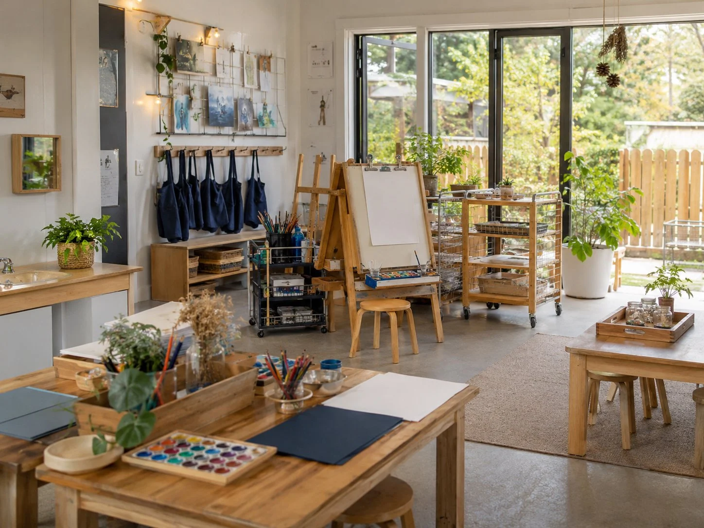Bright, organized art studio with large windows, wooden tables, art supplies, paintings, and plants.