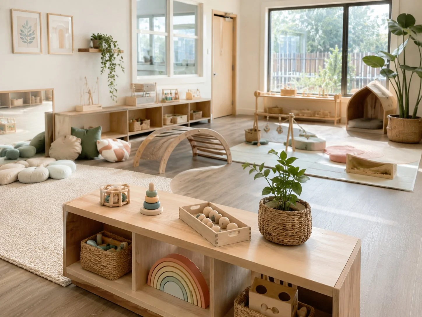 Bright, airy children's playroom with natural wood furniture, soft cushions, and toys. Large window overlooks a backyard, and the room is decorated with plants and minimalist art.