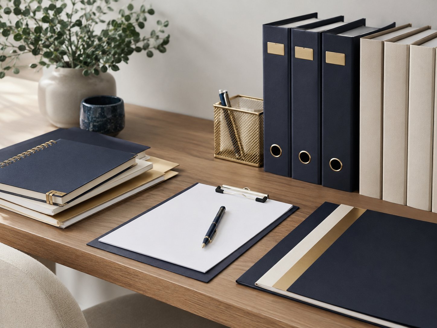 Office desk with notebooks, binders, a clipboard with papers and a pen, and a vase with greenery.