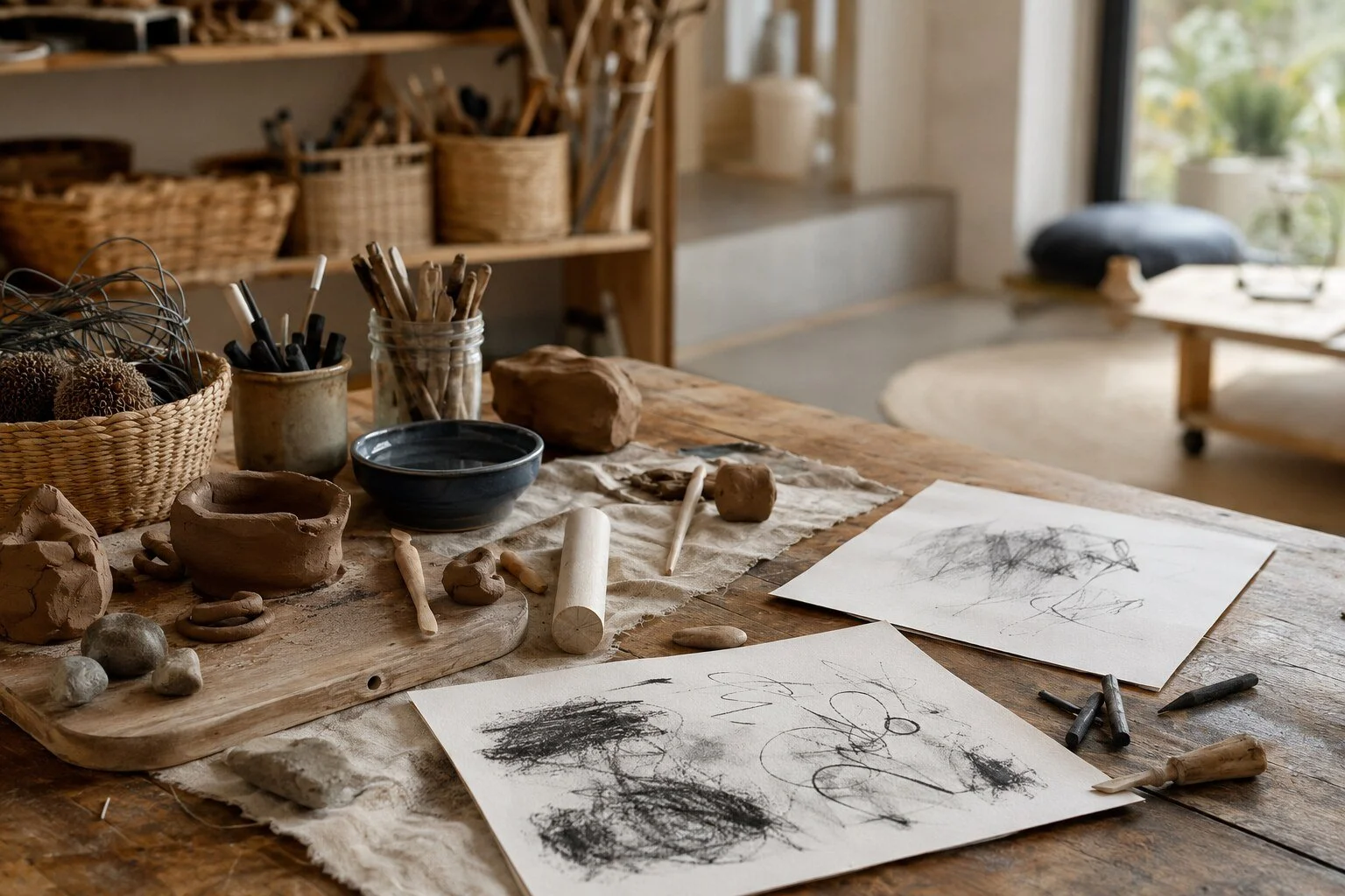 Artistic workspace with clay, drawing papers with sketches, and various art supplies on a wooden table.