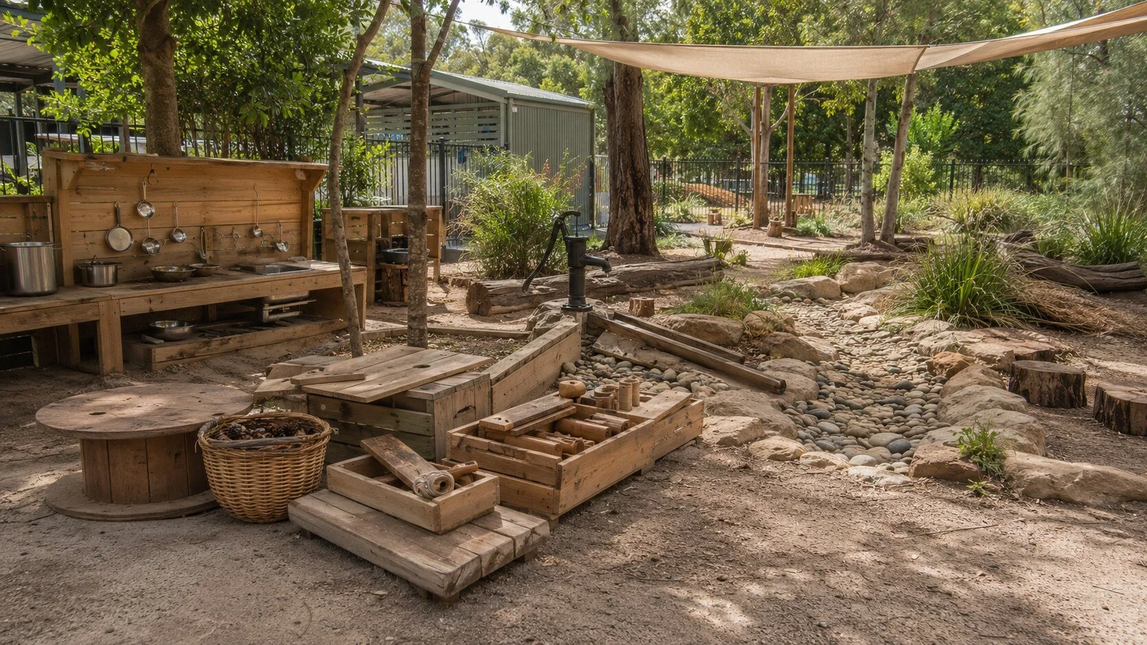 Outdoor natural play area with water pump, wooden structures, logs, rocks, and greenery, designed for children to explore and play.
